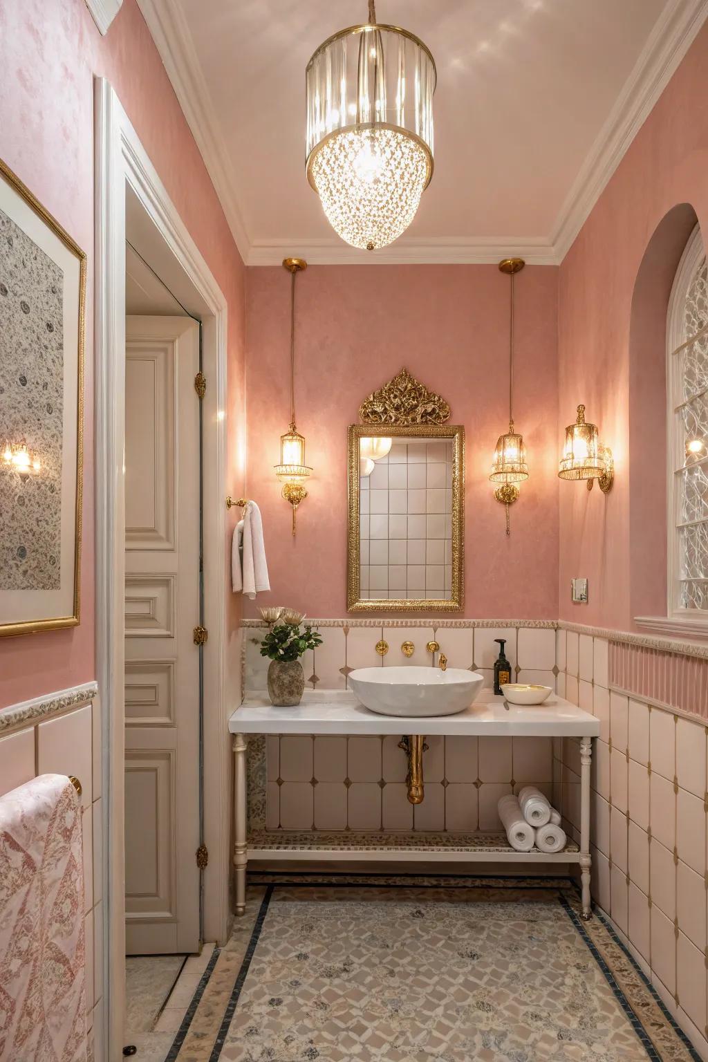 Roseate tints create a gentle and soothing bathroom.