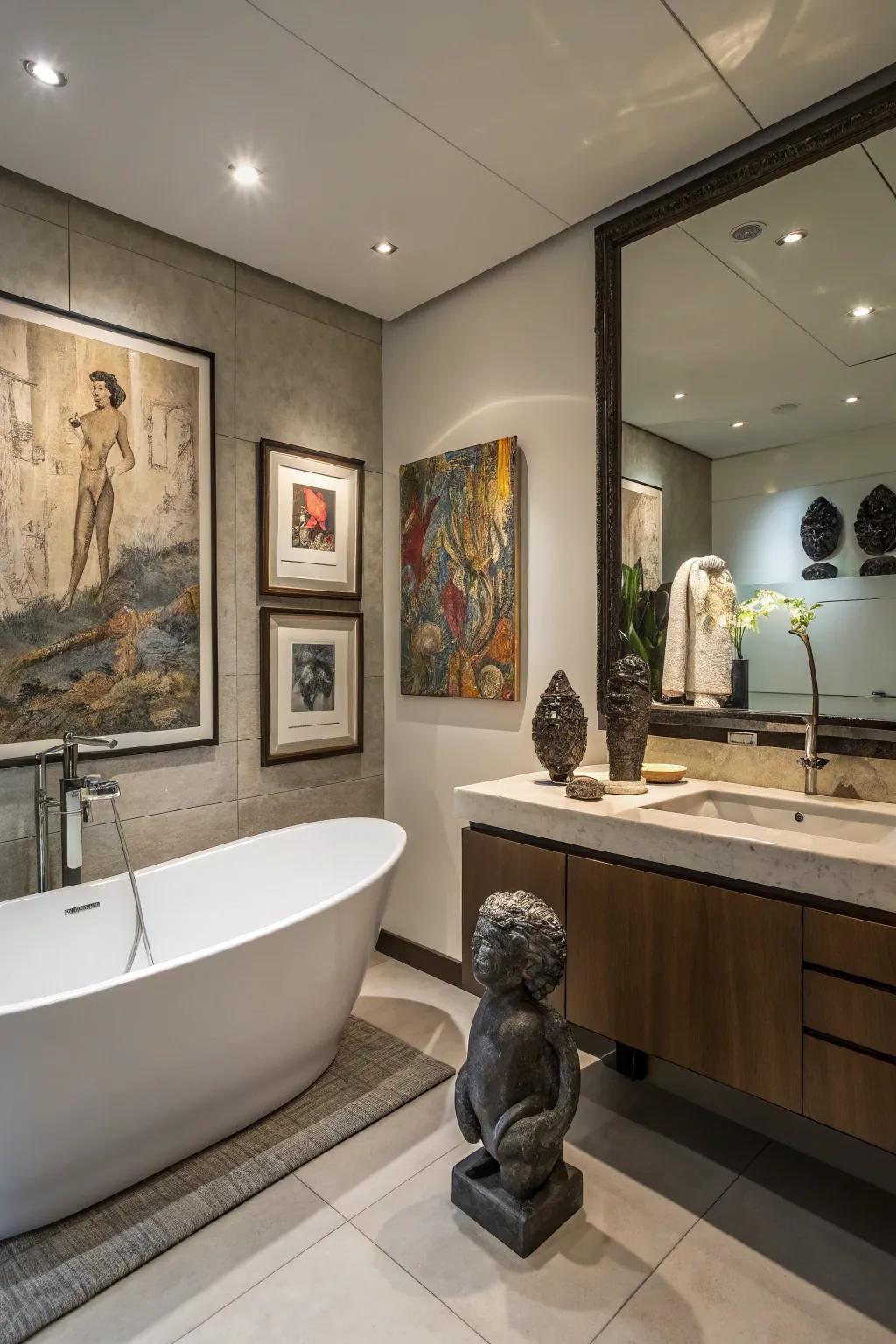 A bathroom adorned with inventive components, contributing a personal and cultured touch.