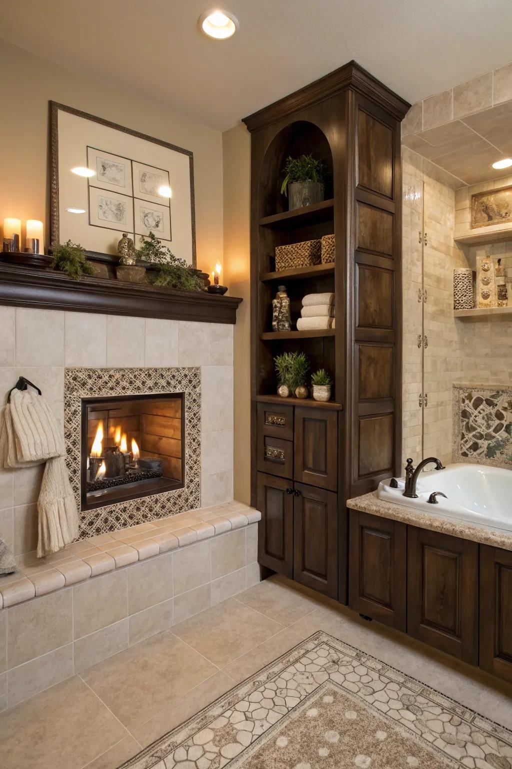 Inbuilt shelving encircling the hearth for amplified practicality.