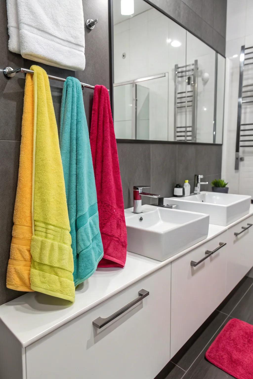 Introduce color using vibrant hand towels for a dynamic effect.