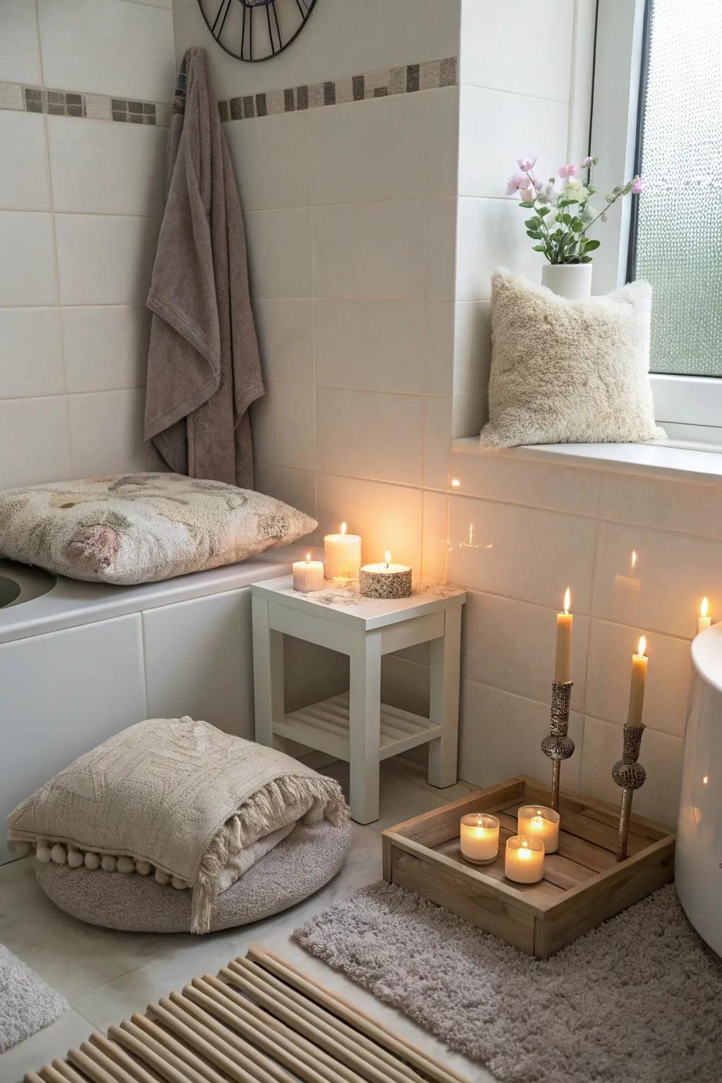 A tranquil meditative alcove within the bathroom, designed for relaxation.