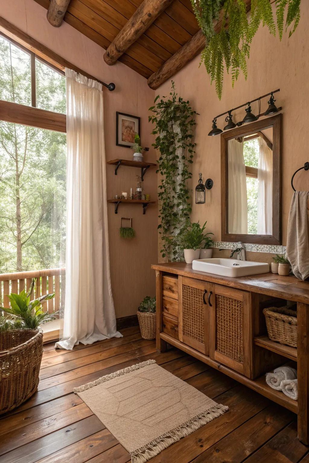 Change your bathroom into a comfy woodland getaway using natural materials.