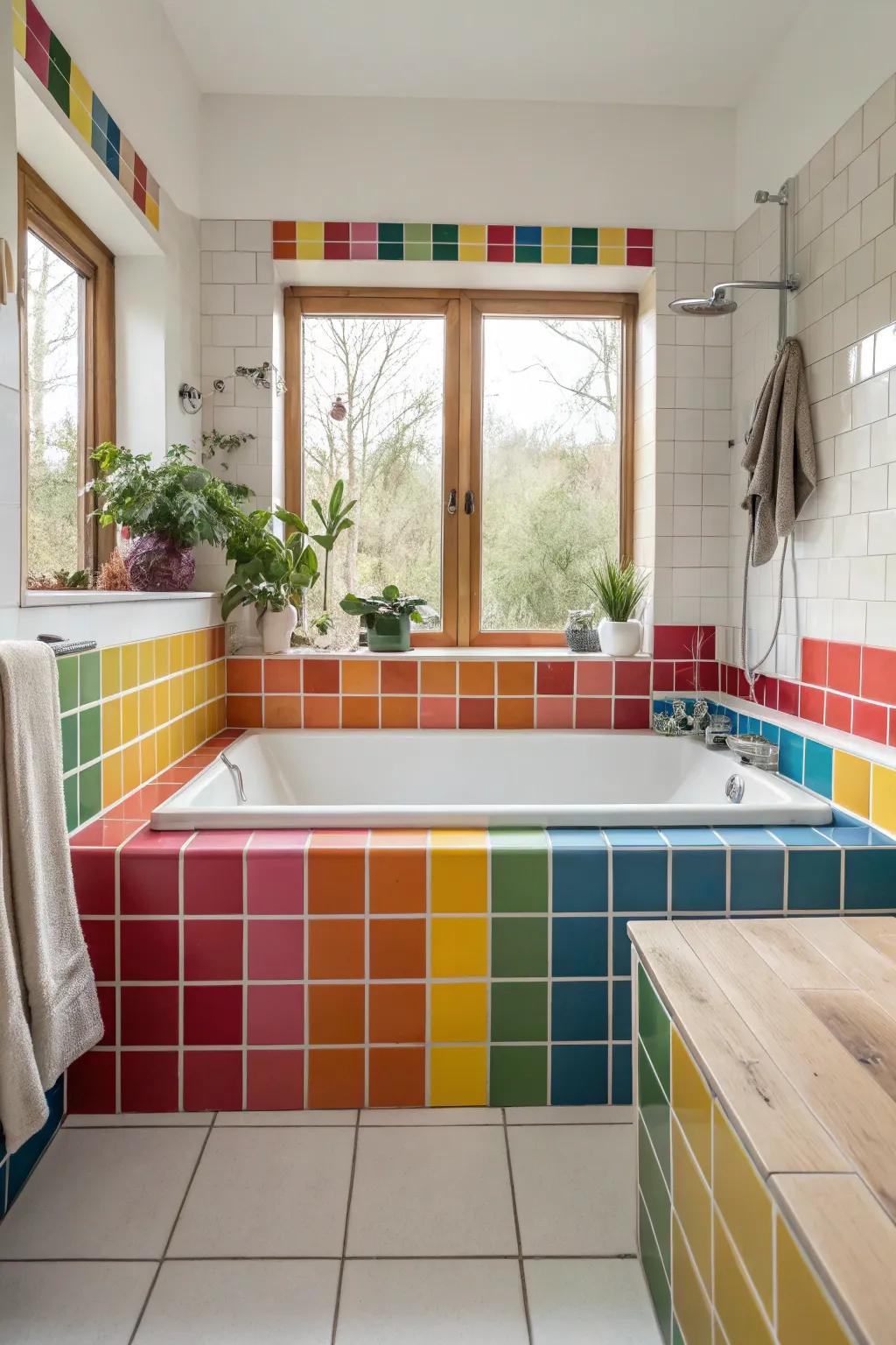 With vibrant color blocking around the tub, you can inject some energy.
