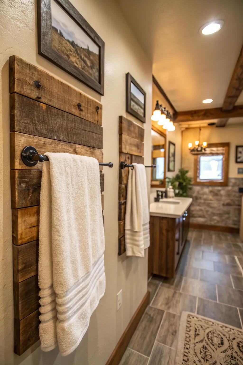 Reclaimed lumber appends warmth and texture to your lavatory.