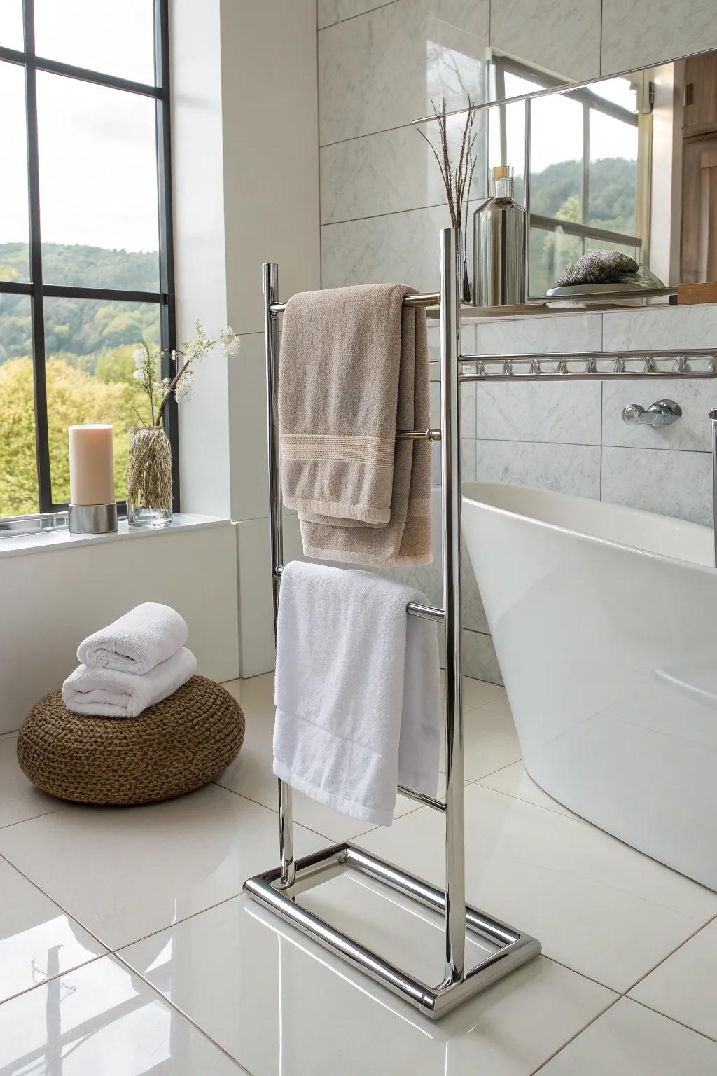 Detached towel stands infuse an opulent sense into towel storage.