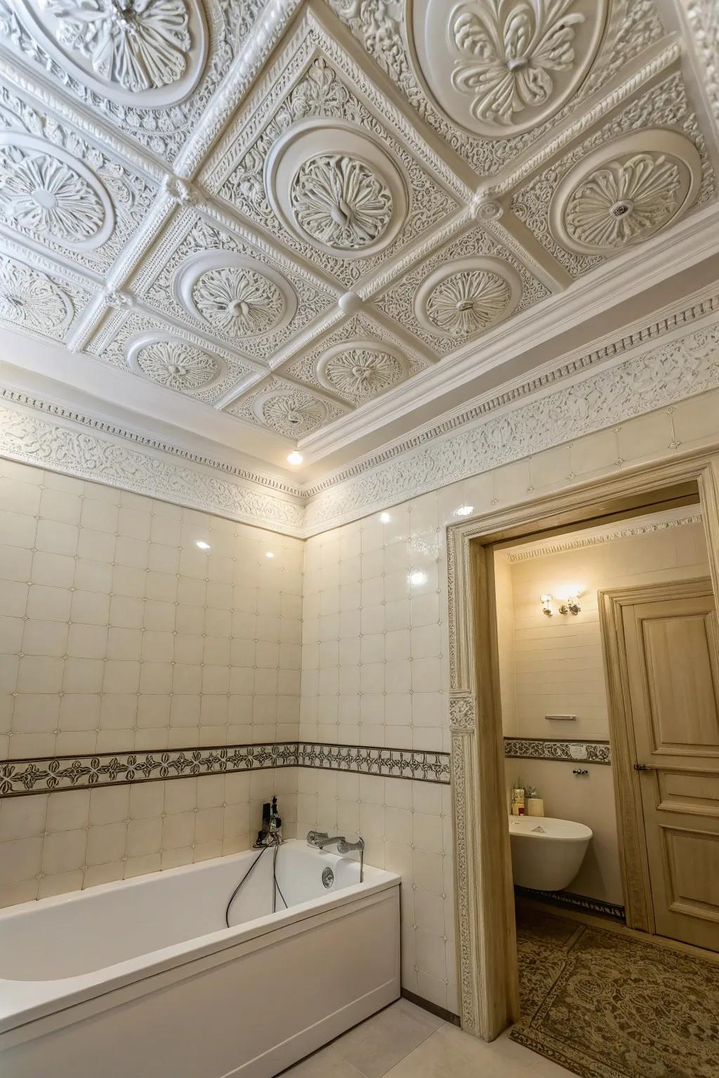 Intricate ceiling trim makes for a surprising and stunning focal point.
