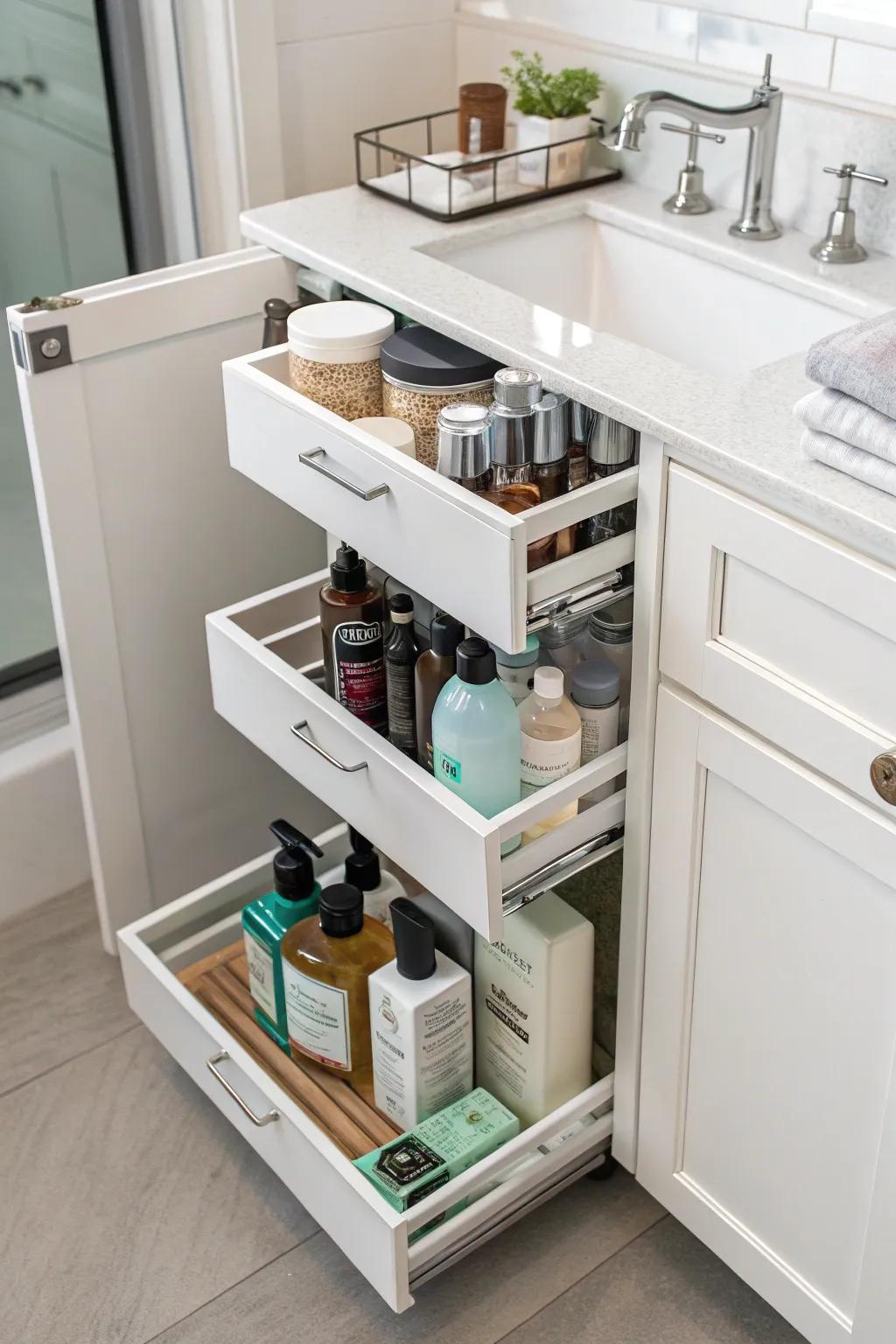 Lengthwise drawers keep tall items arranged.