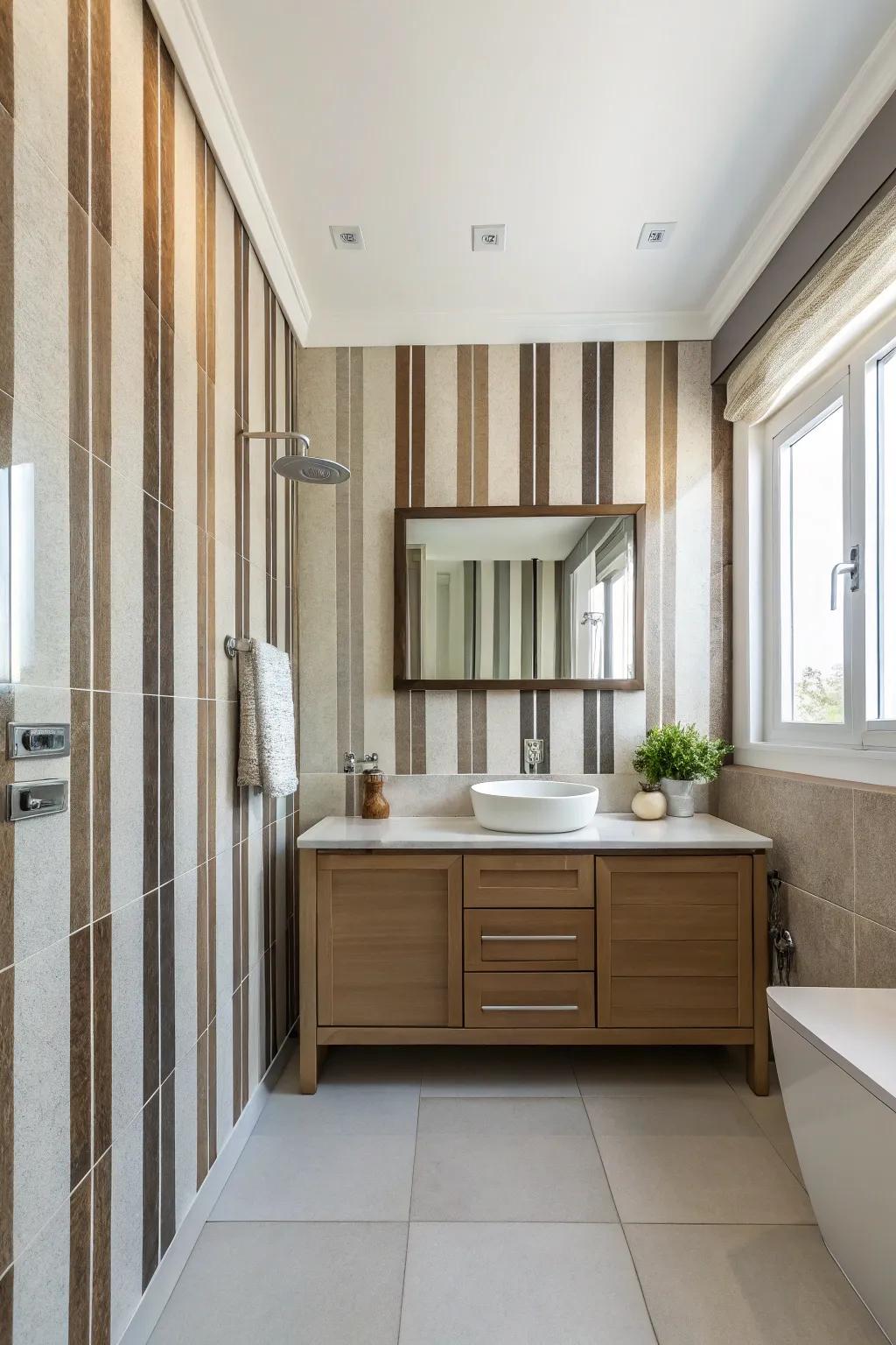 Vertical patterns add height and dimension to washroom walls.