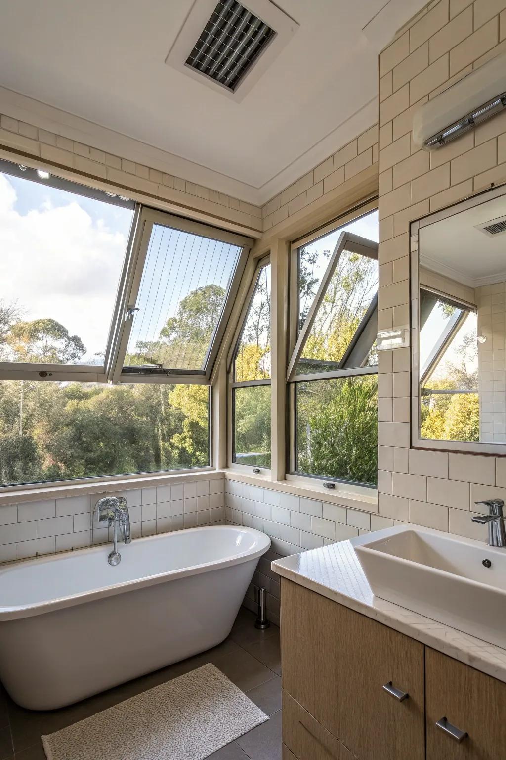 Awning windows delivering ventilation and aesthetics in the restroom.
