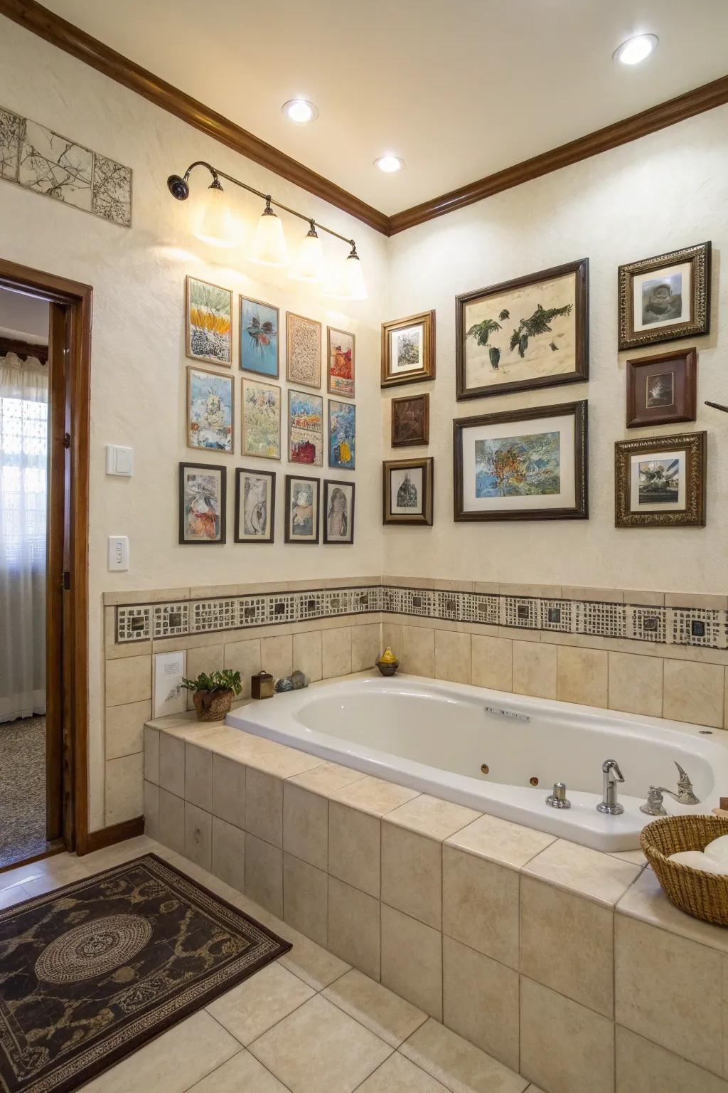 Art pieces transform this bathroom into a gallery-inspired space.