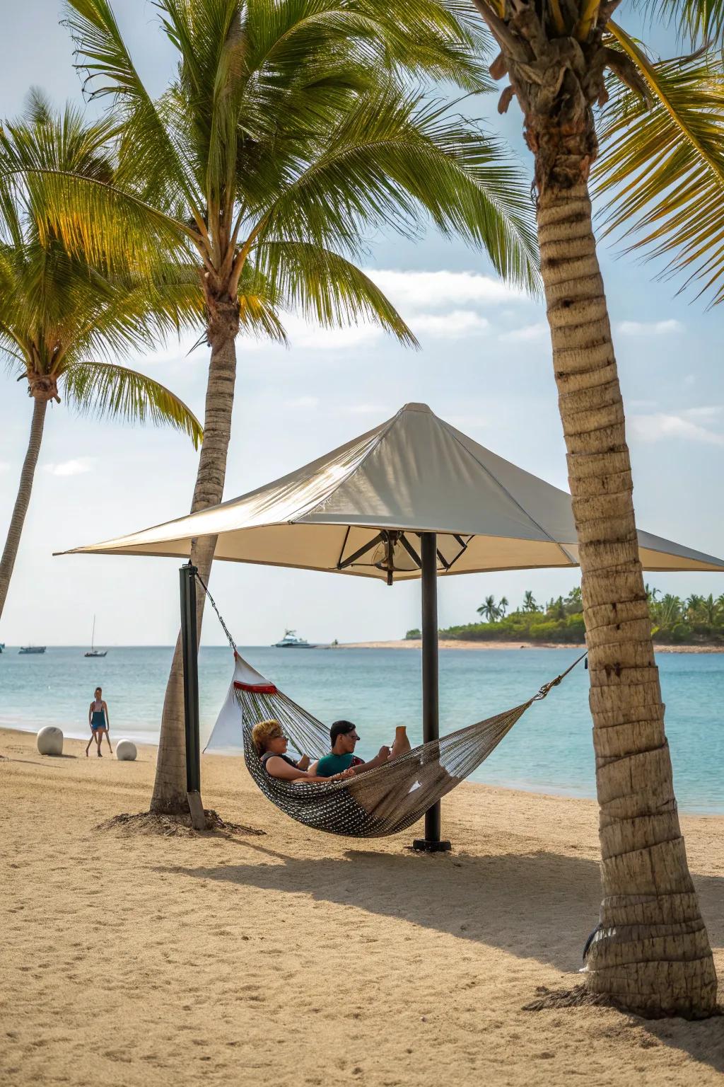 Relax in a swing with shade for a perfect beach nap.