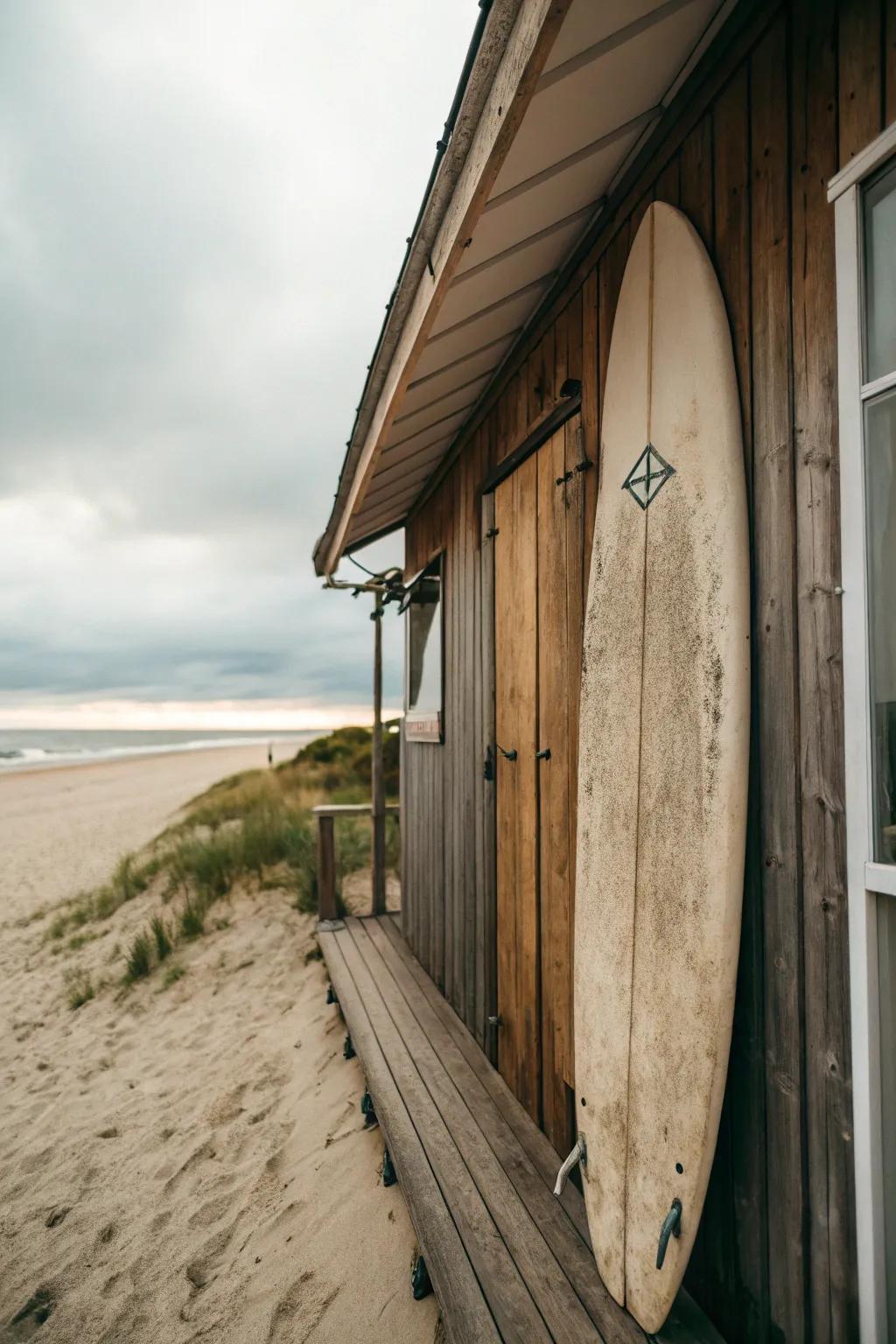 A vintage surfboard imparts an authentic coastal accent to the beach shed.