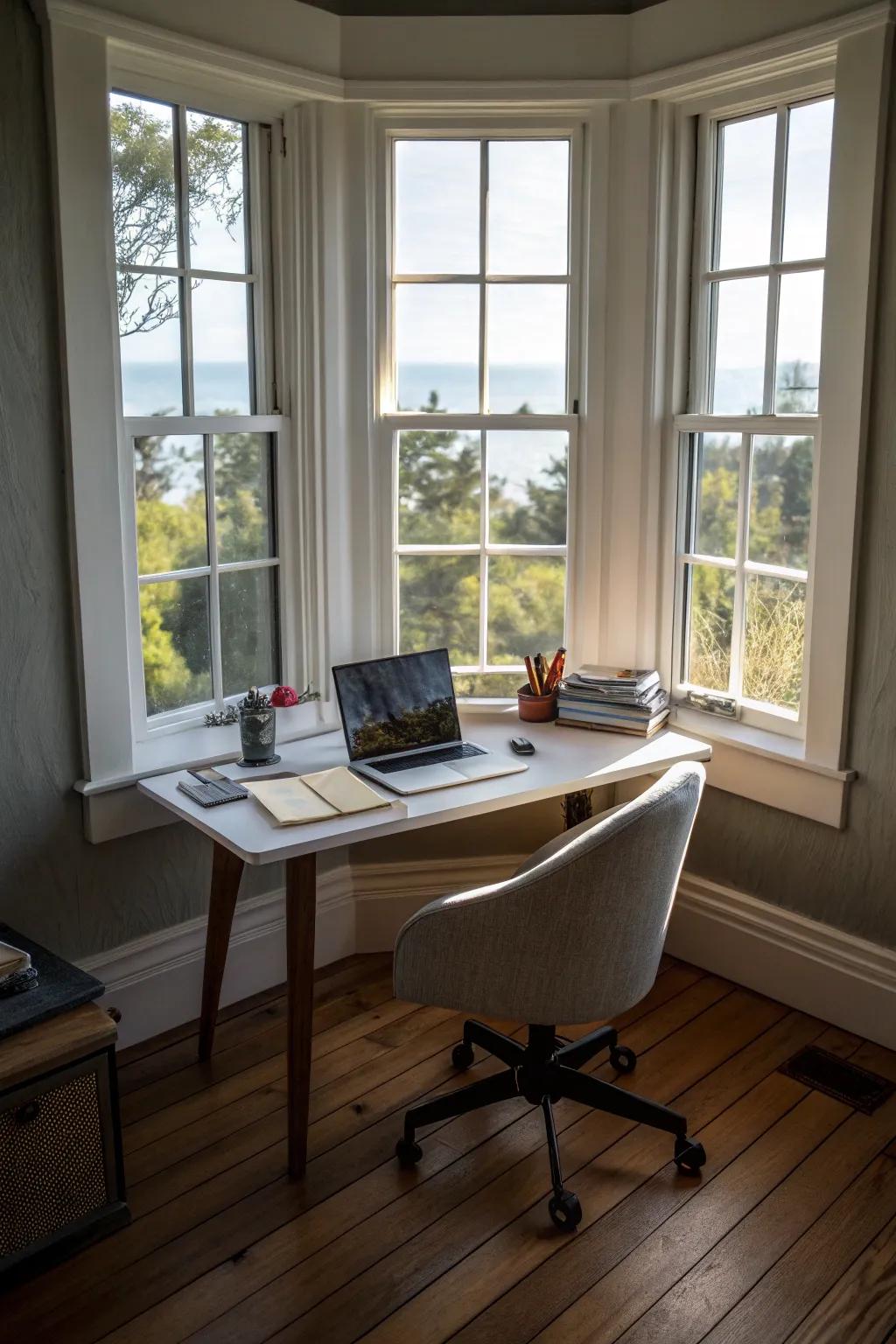 A home office nook blends productivity with a view.