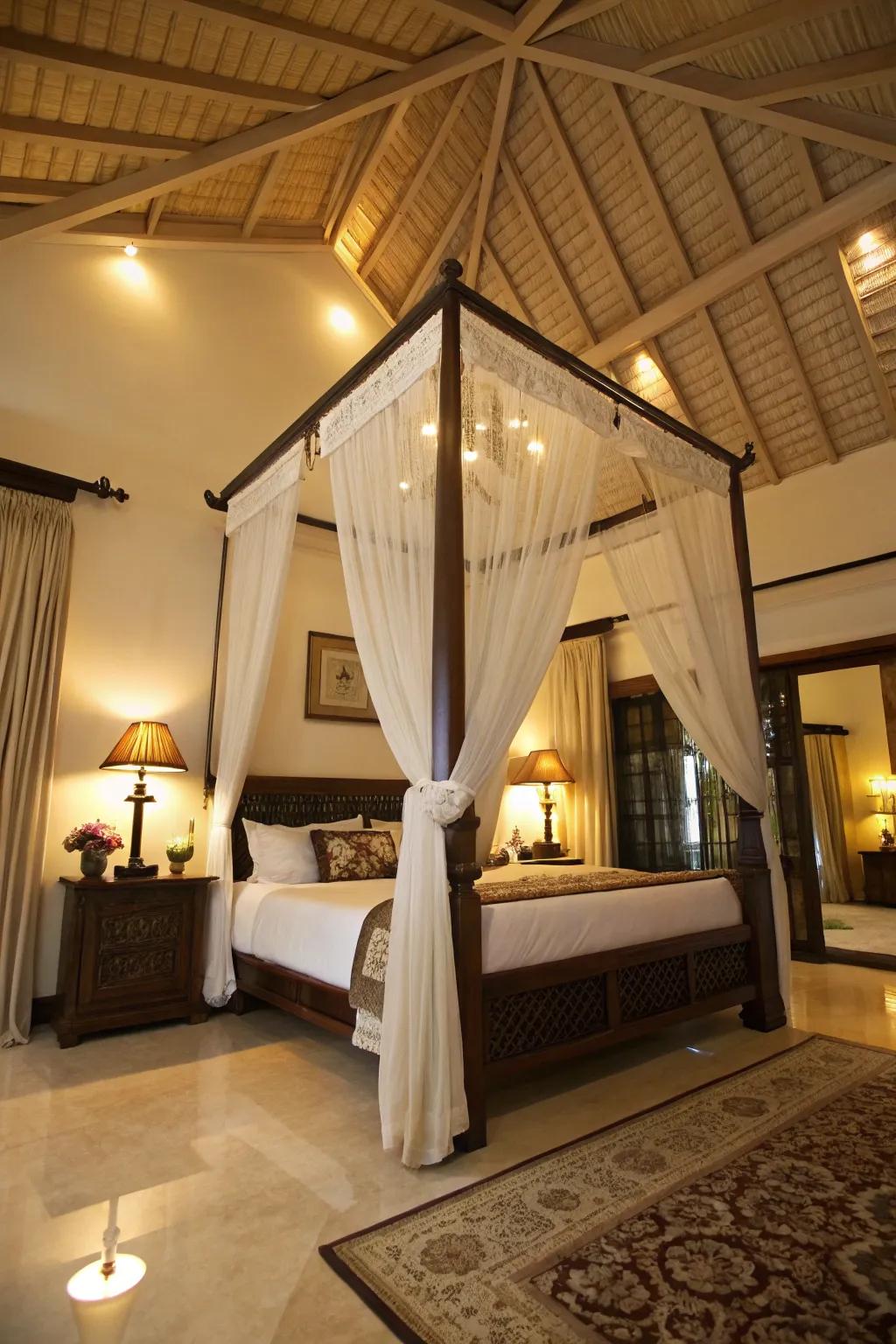Elevated ceilings and tall beds fashion dramatic focal points.