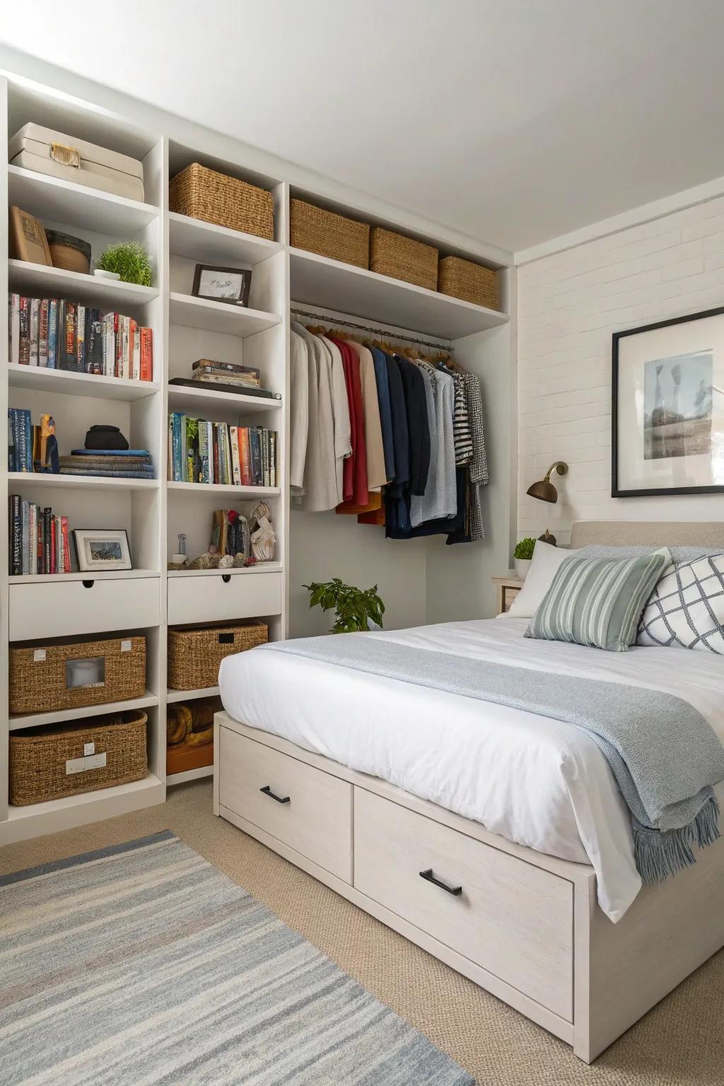 Smart stowing solutions sustain an uncluttered and functional bedroom.