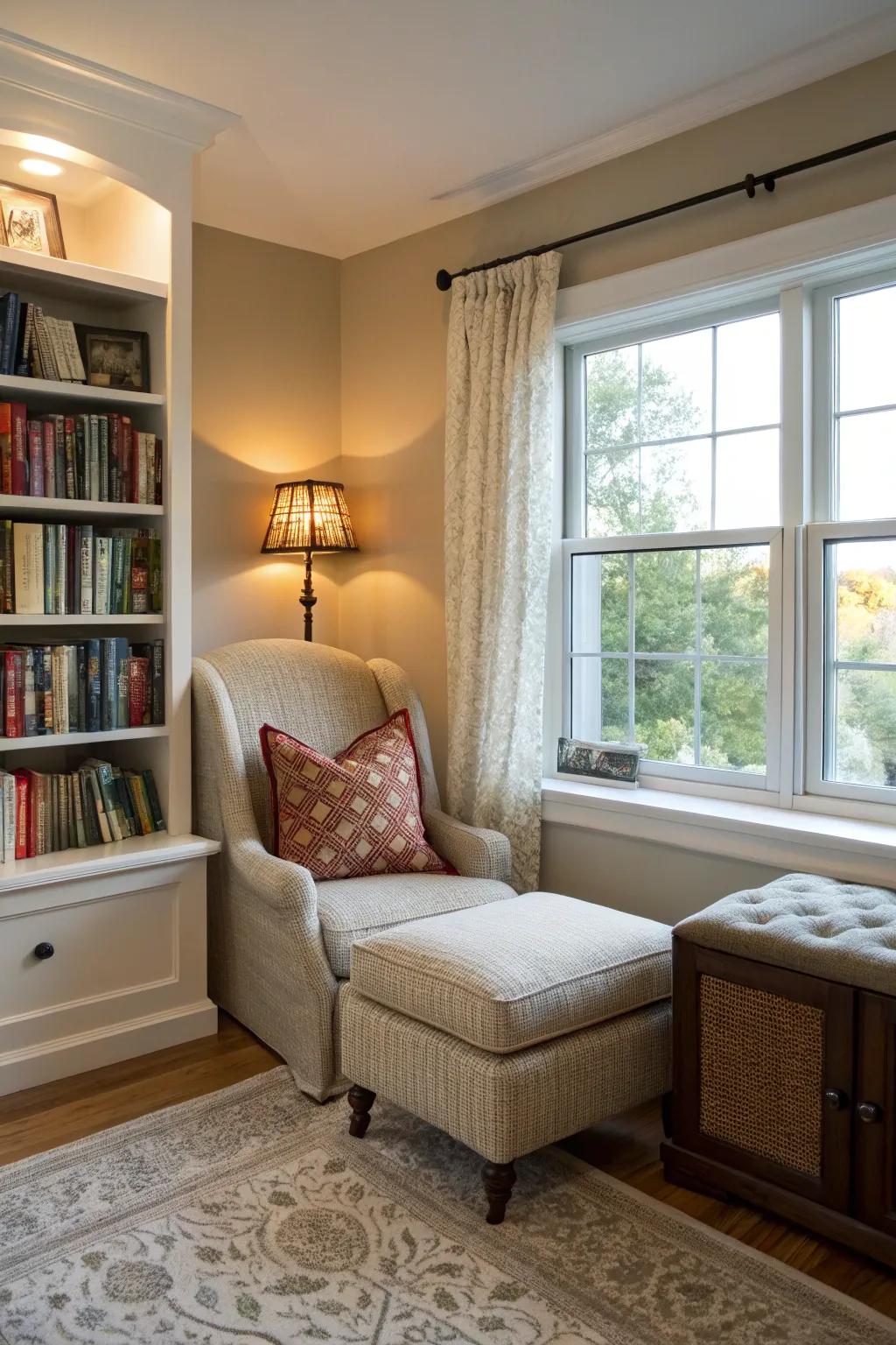 A cozy reading nook contributes charm and relaxation to this bedroom.