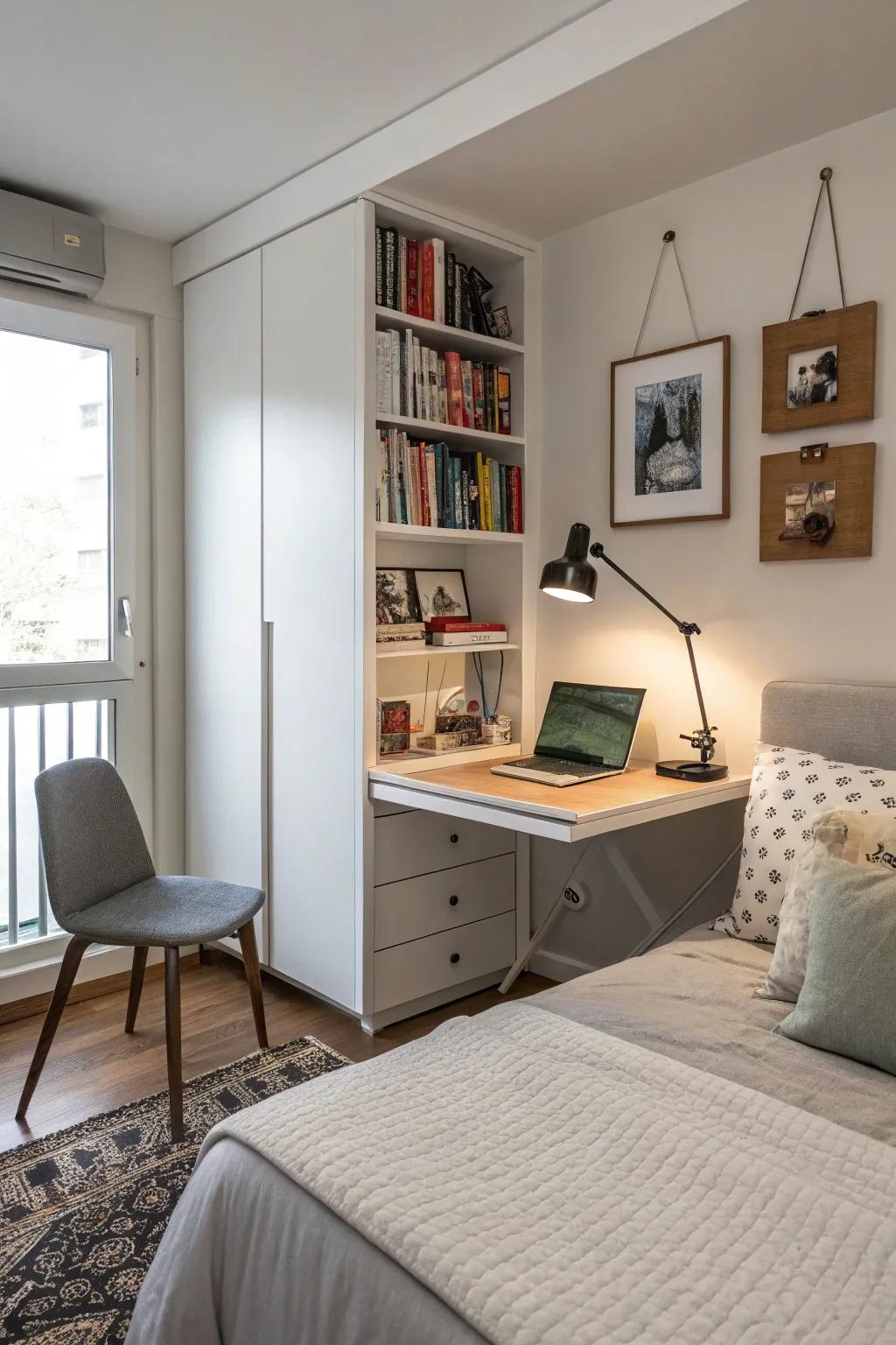 Add an adaptable workspace in your bedroom using a fold-away desk.