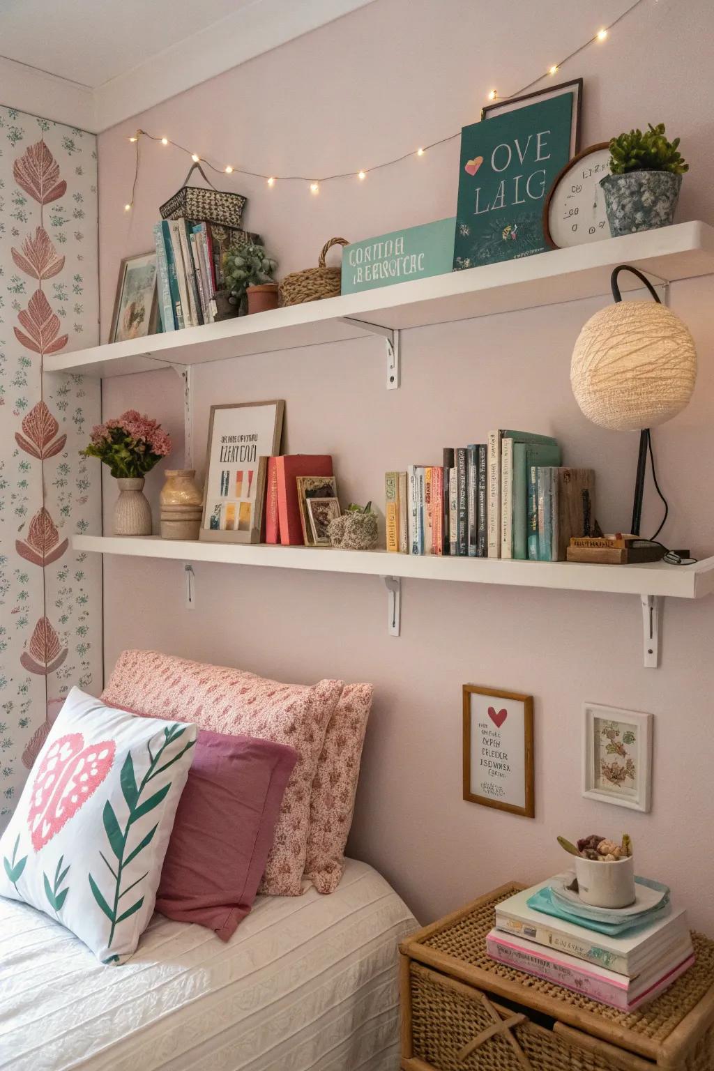 A bedroom presenting stylish floating shelving.