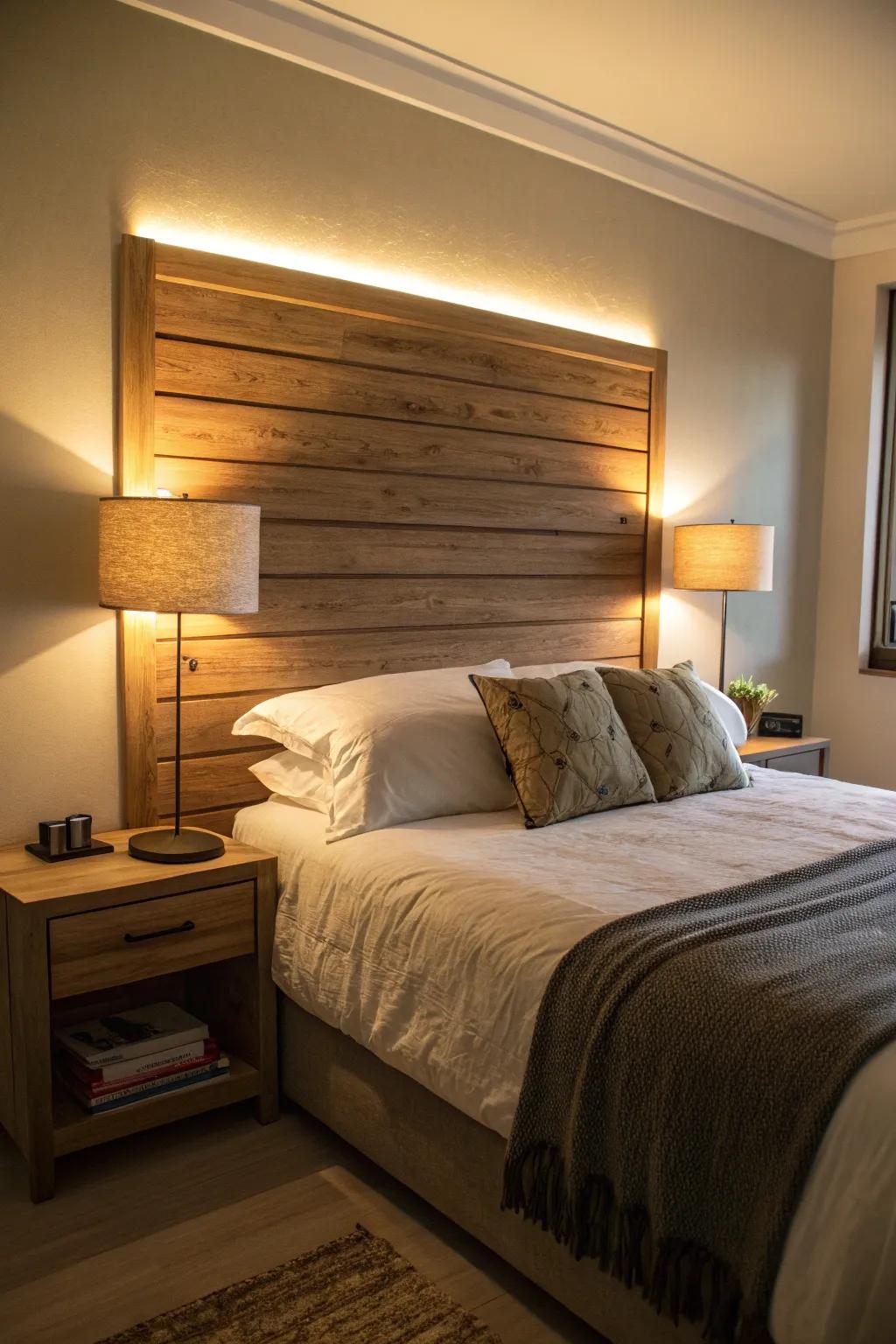 Backlit headboards add drama and warmth to bedroom settings.