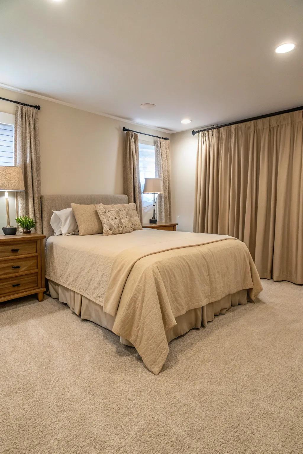Monochromatic shades create a seamless and elegant bedroom décor.