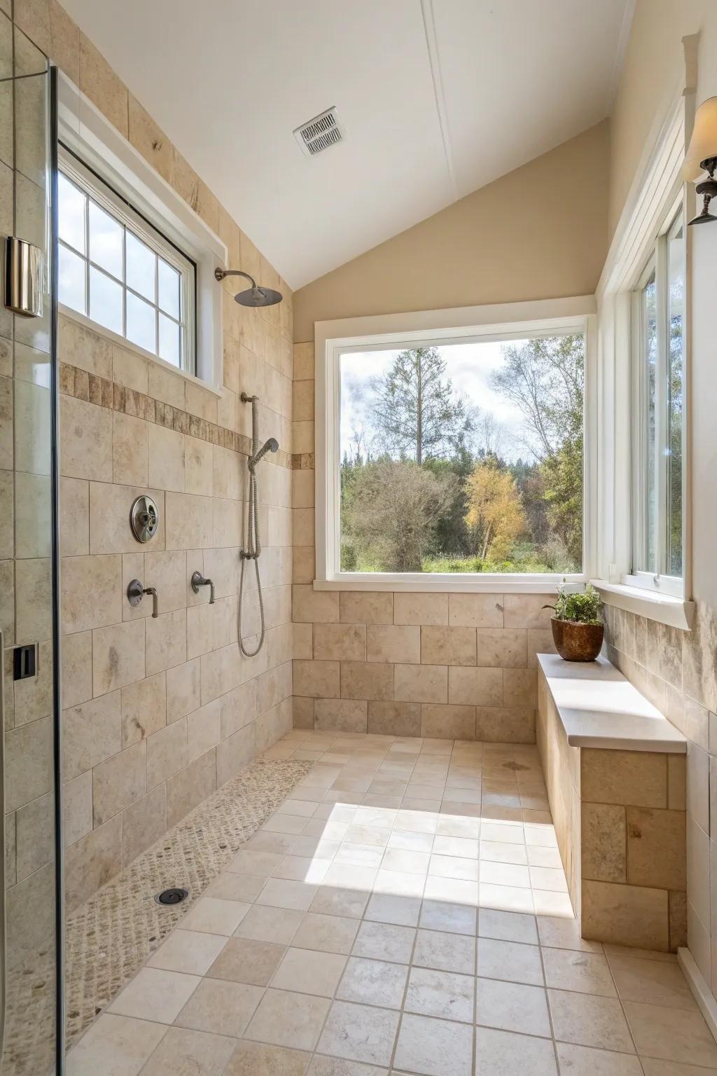 Light beige tiles amplify space and serenity.