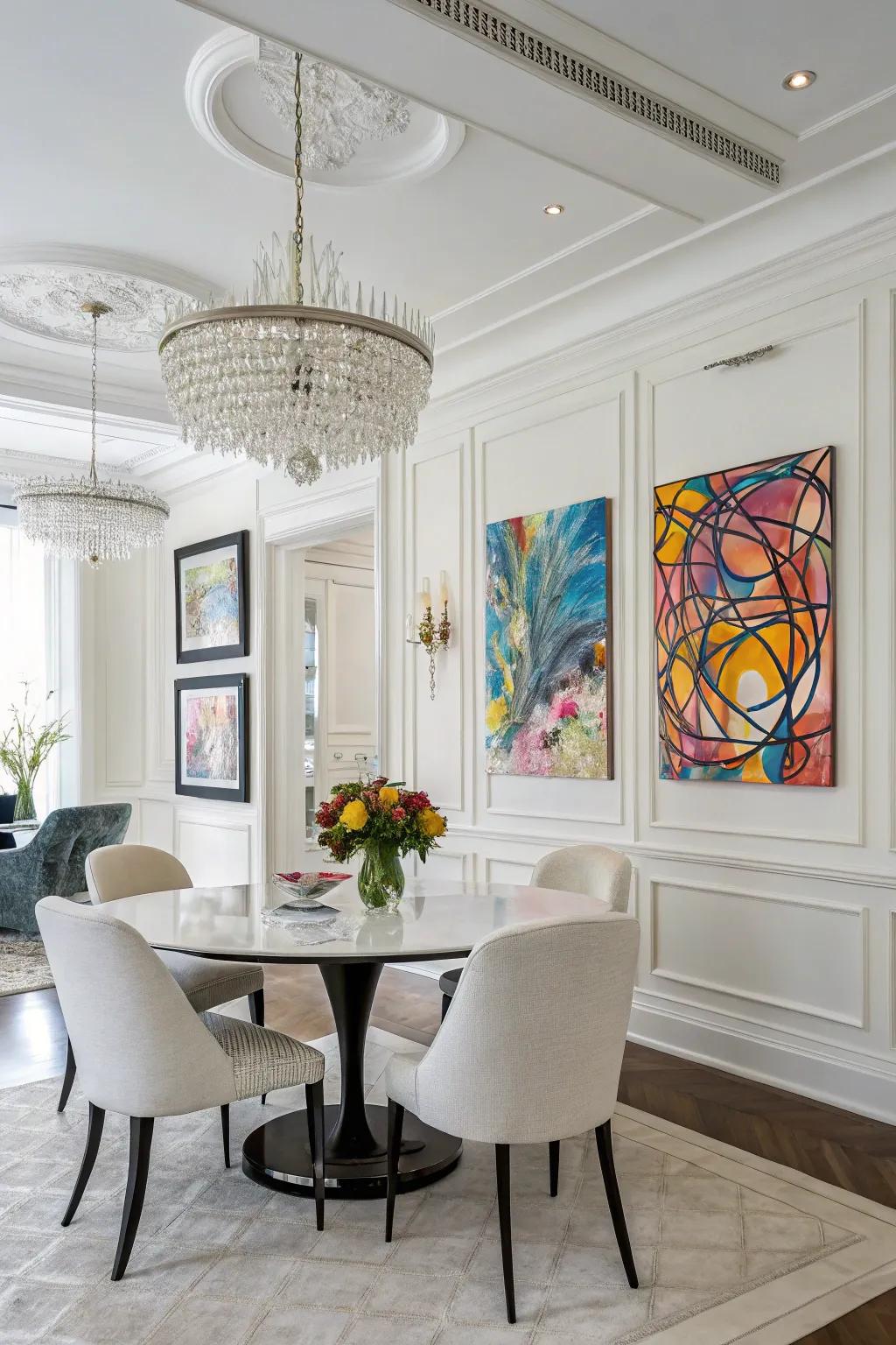 Clean white walls highlight colorful art in your dining room.