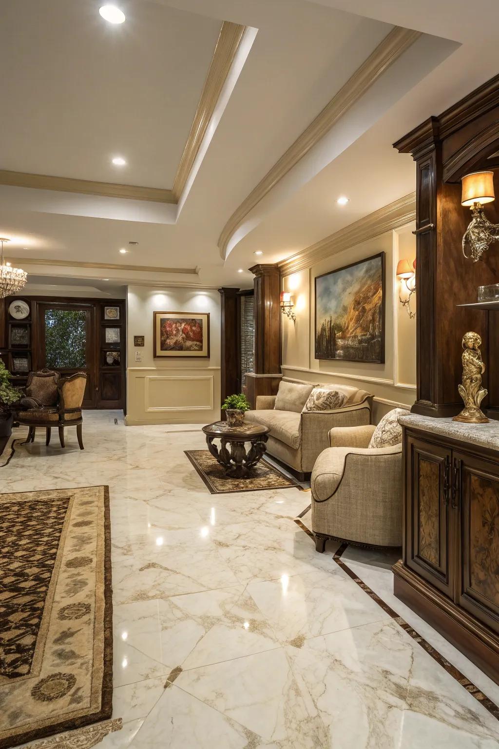 Imitation marble tiles deliver a hint of luxury to basement spaces.