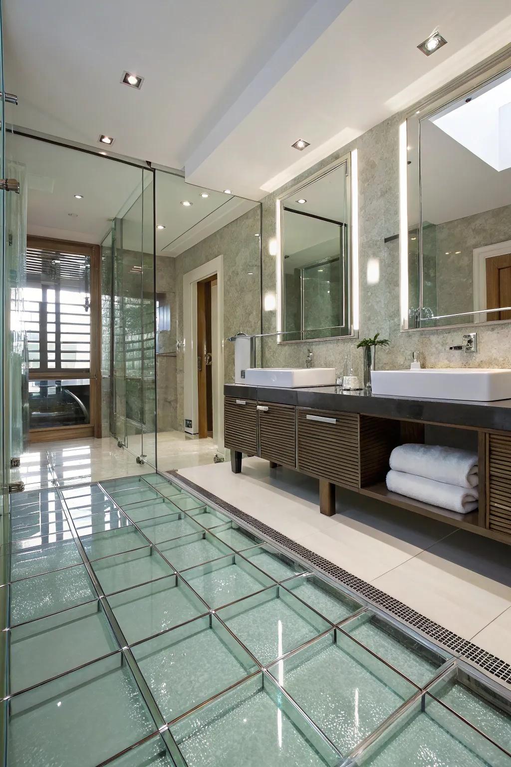 Vitreous tiles create a sleek and modern ambiance.