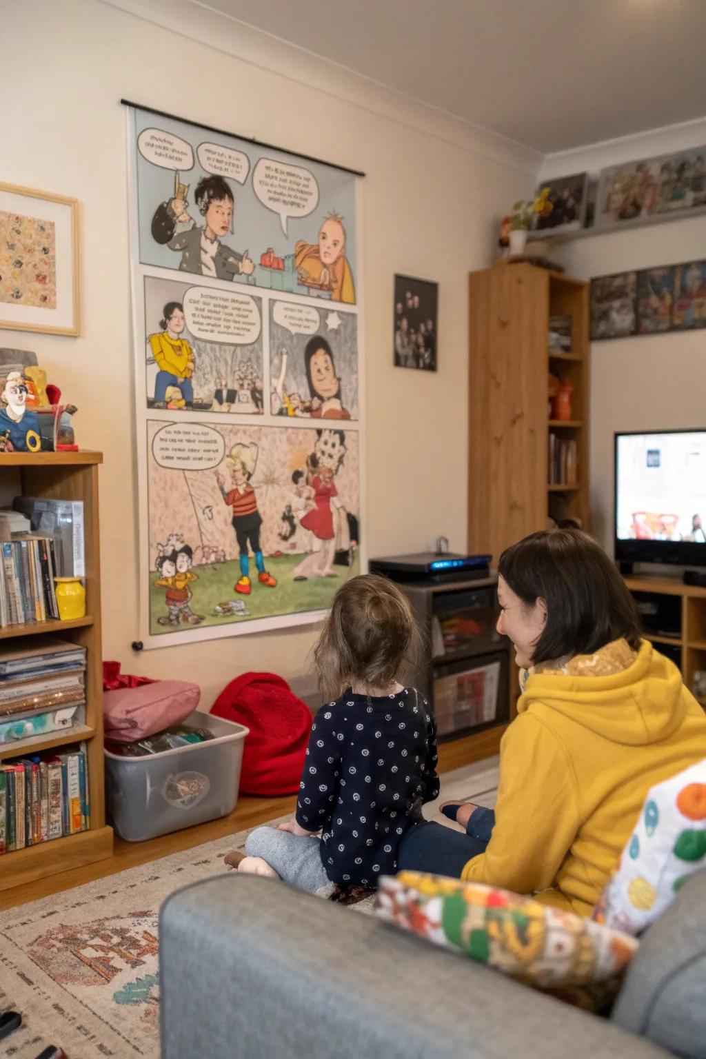 A comic strip poster capturing a humorous friendship moment in a family room.