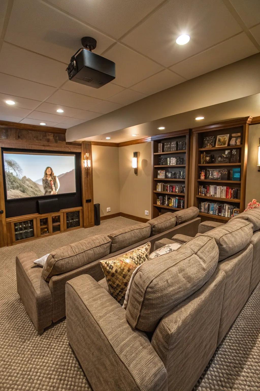 Modular seating provides flexibility for families in a home theater setting.