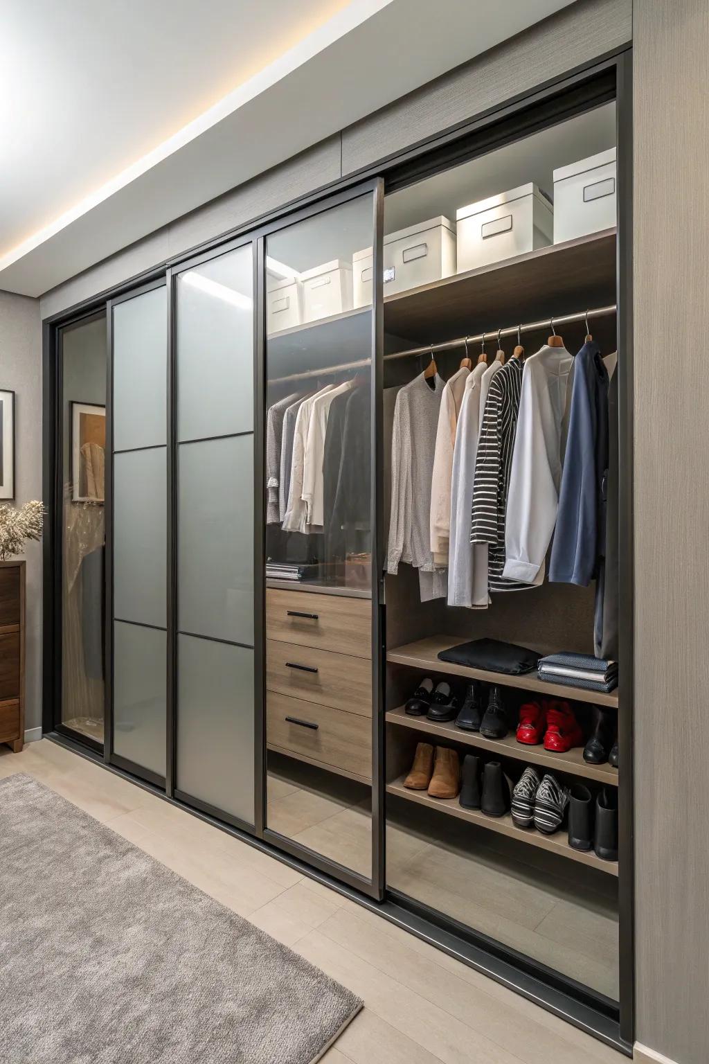 A closet featuring sleek sliding doors that maximize space.