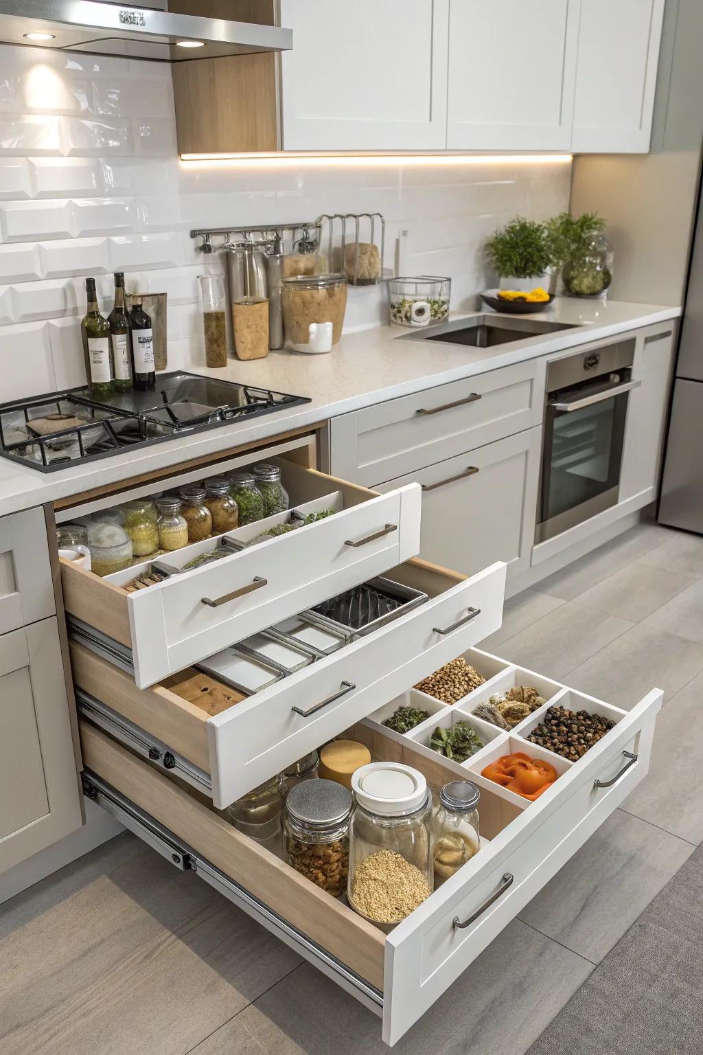 Clever storage solutions ensure an organized kitchen.