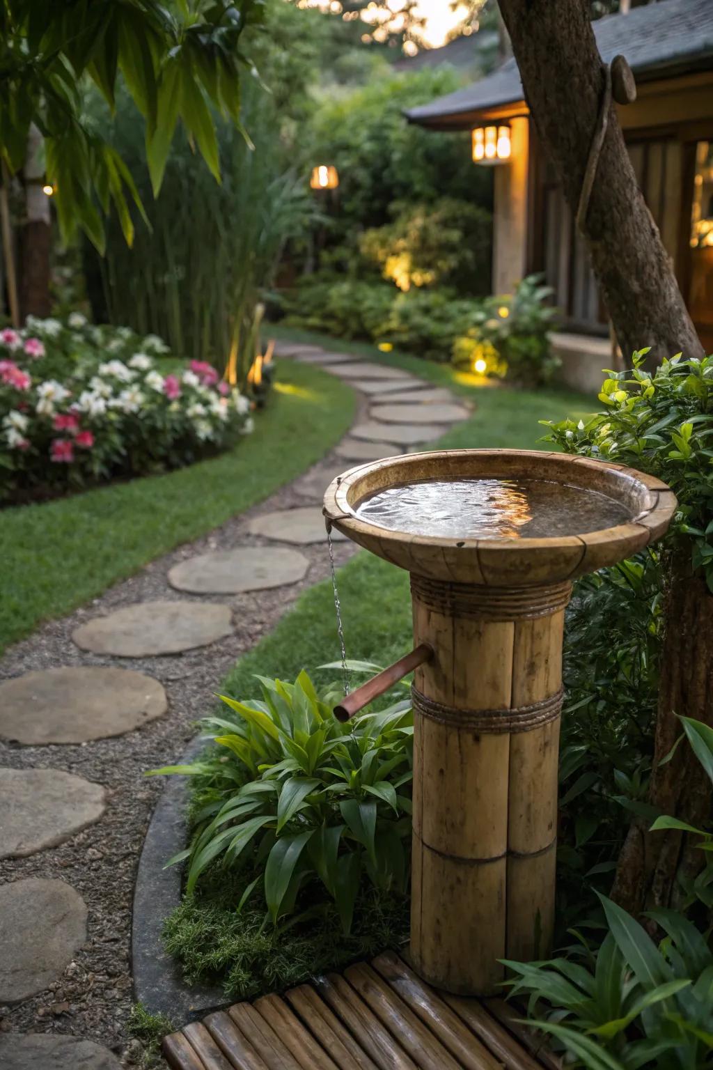 A cane bird bath presenting a serene, natural aesthetic.
