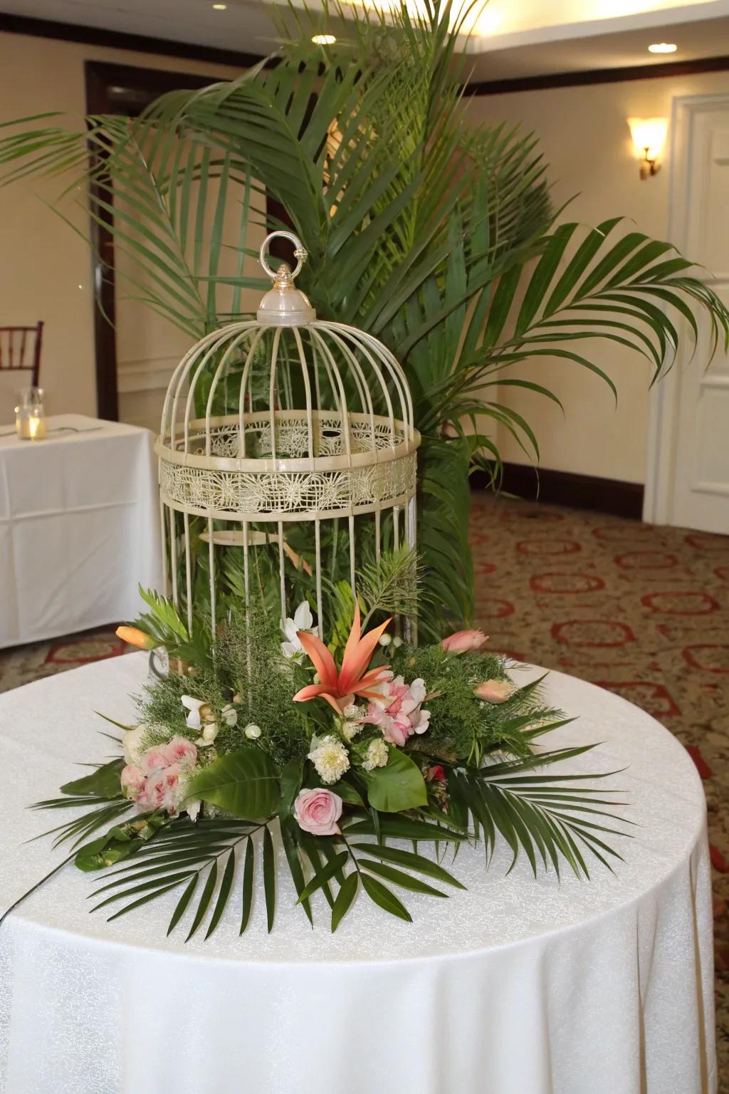 A tropical-themed bird cage centerpiece featuring lush verdure.