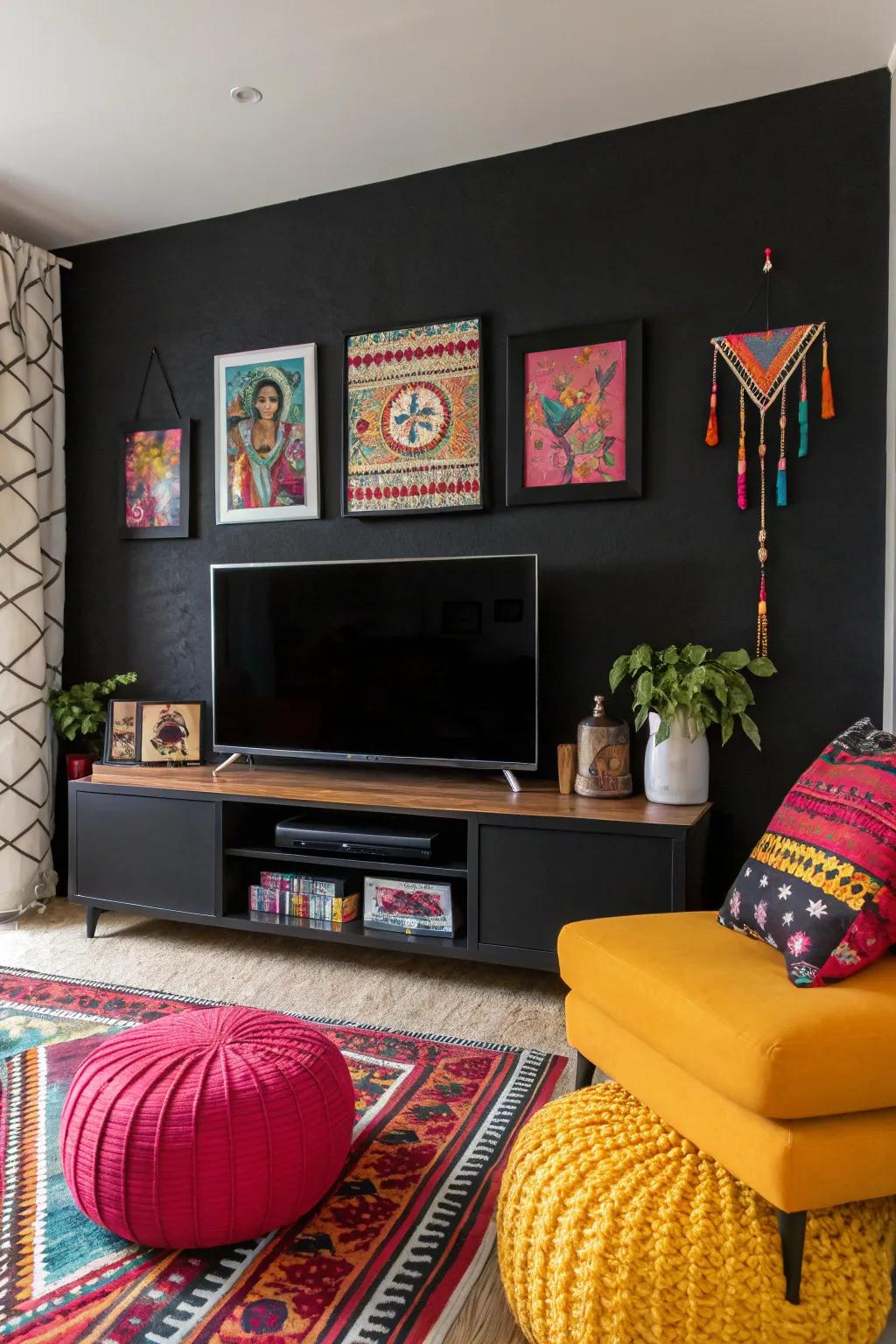 A burst of hue appends energy and vibrancy to a dark-toned statement wall.