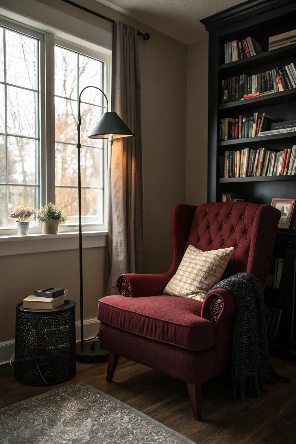 A cozy perusing alcove offers a personal retreat within your bedroom.