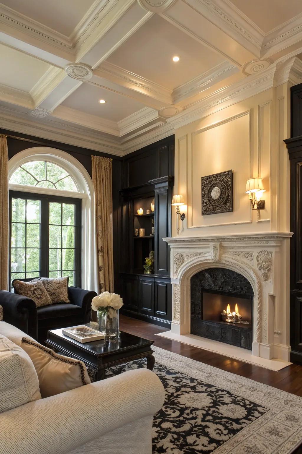 Architectural elements painted in ebony fashion dimension in the ivory living area.