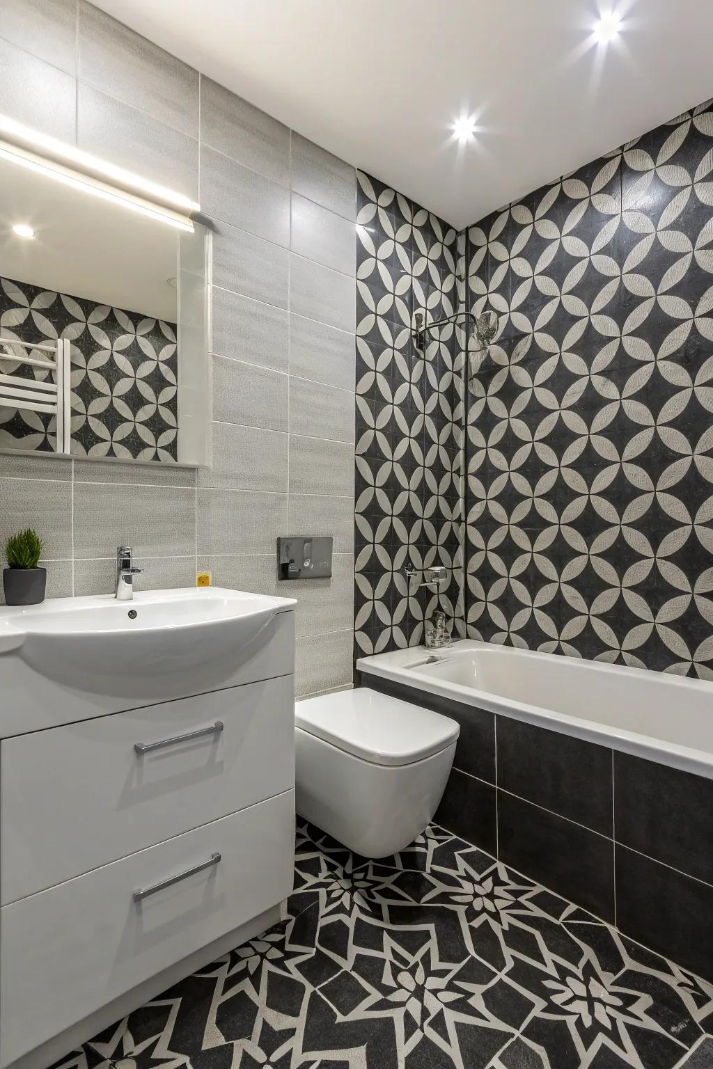 A bathroom with symmetrical configurations adding a contemporary and artistic flair.