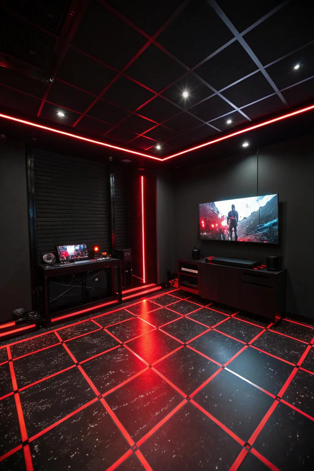 Dynamic scarlet floor lighting appends sophistication and drama to the gaming chamber.