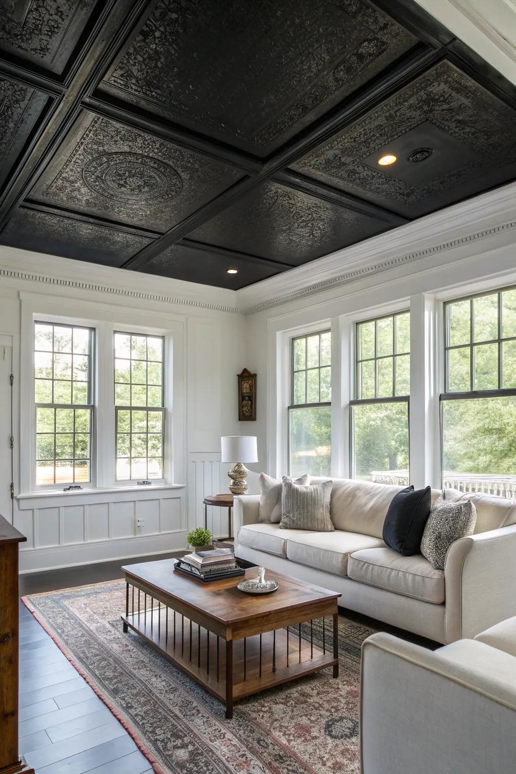 A striking dark overhead creating a noteworthy feature in a sitting room with pale walls.