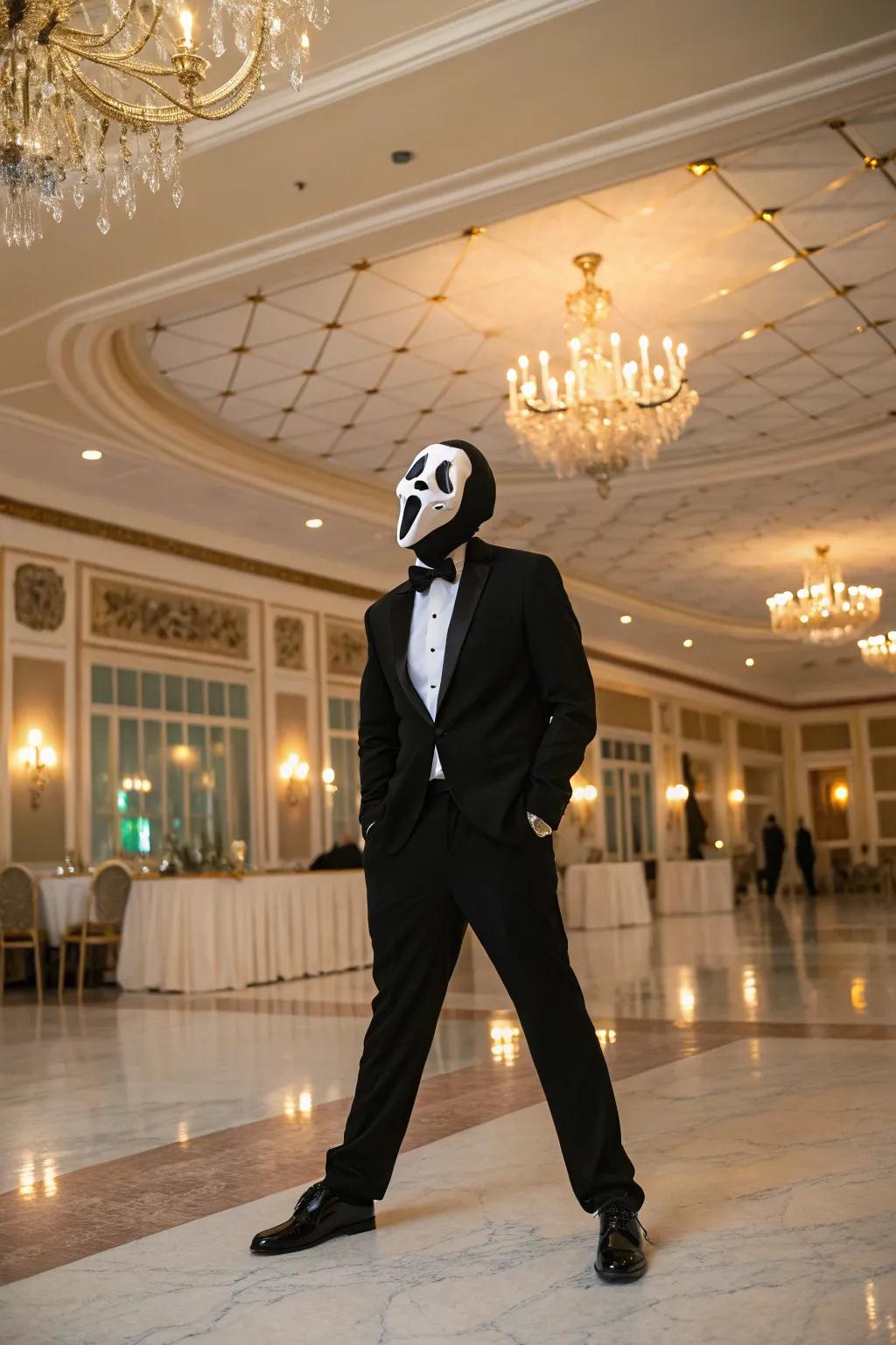 Enhance your Halloween with a timeless evening wear ensemble, ideal for any spooky soirée.