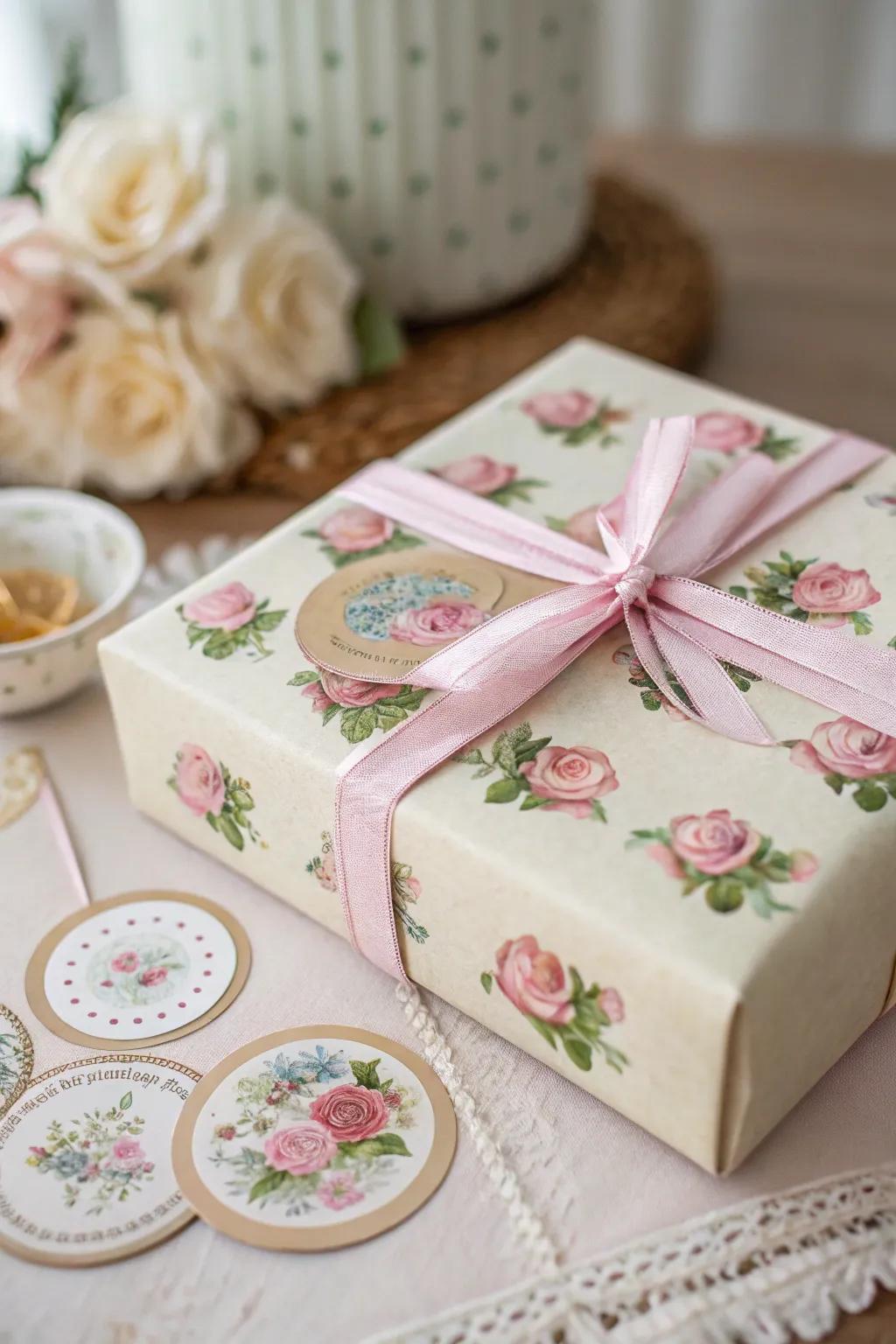 Vintage bloom decals adding elegance to a gift.