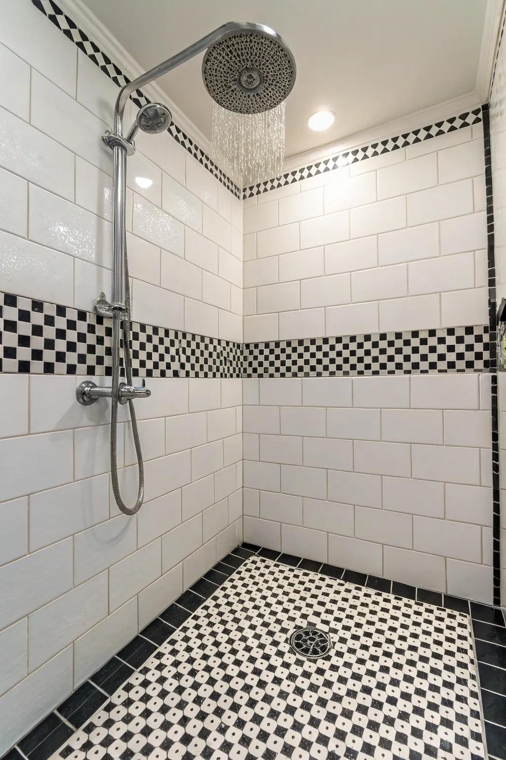 Orb tiles impart a retro allure to this shower.