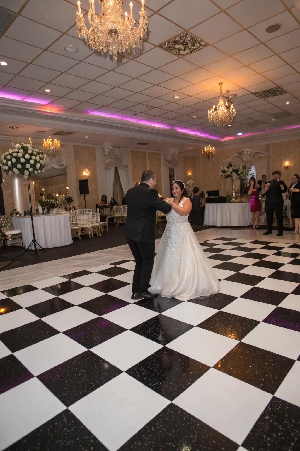 A checkered dance floor creates a lively atmosphere for wedding celebrations.