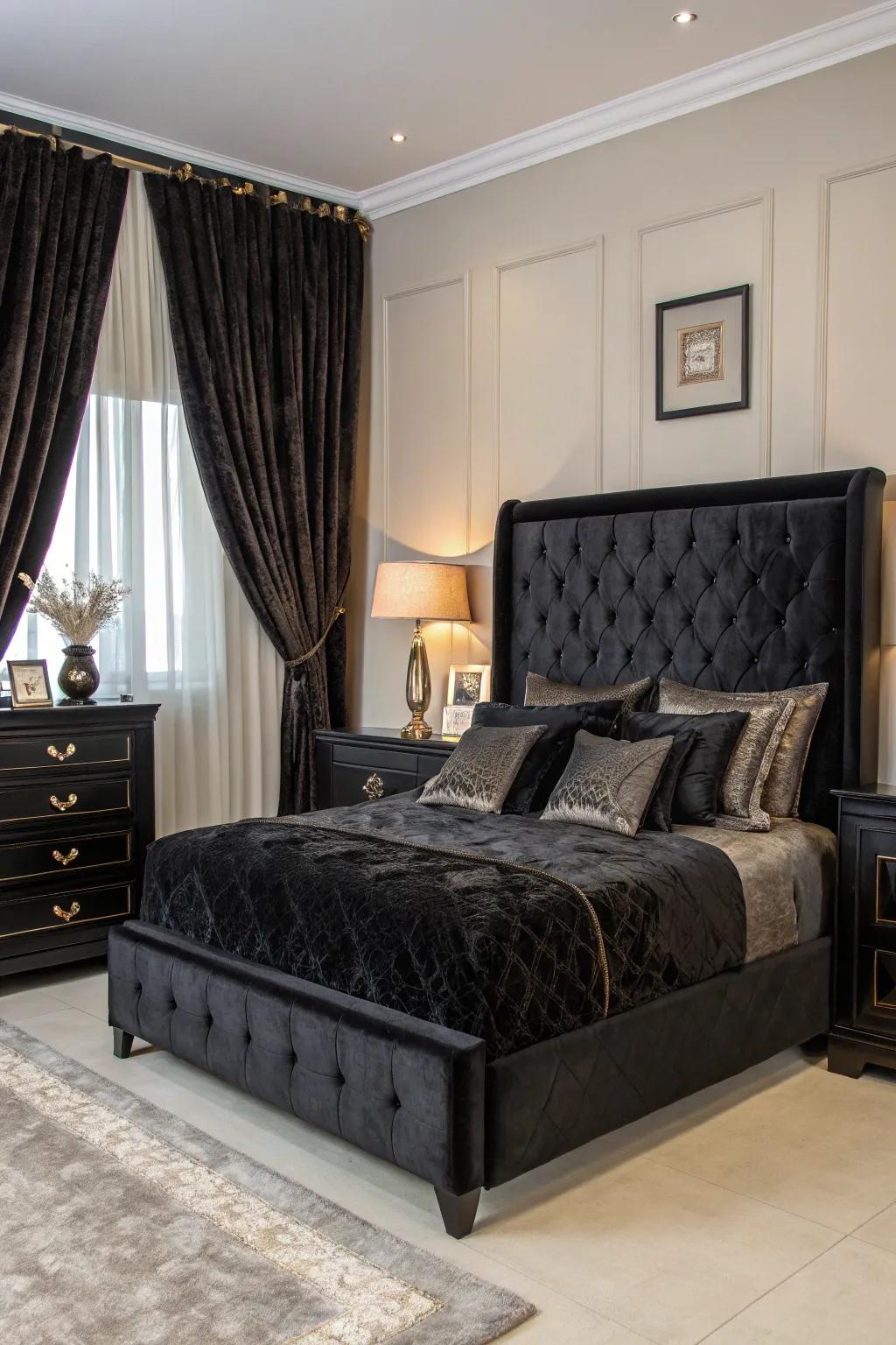 Luxurious silk elements enhance this sophisticated bedroom.