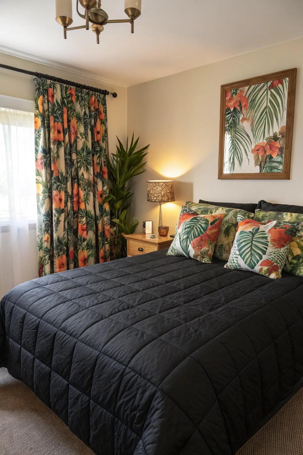 A tropical twist on a classic dark comforter setup.