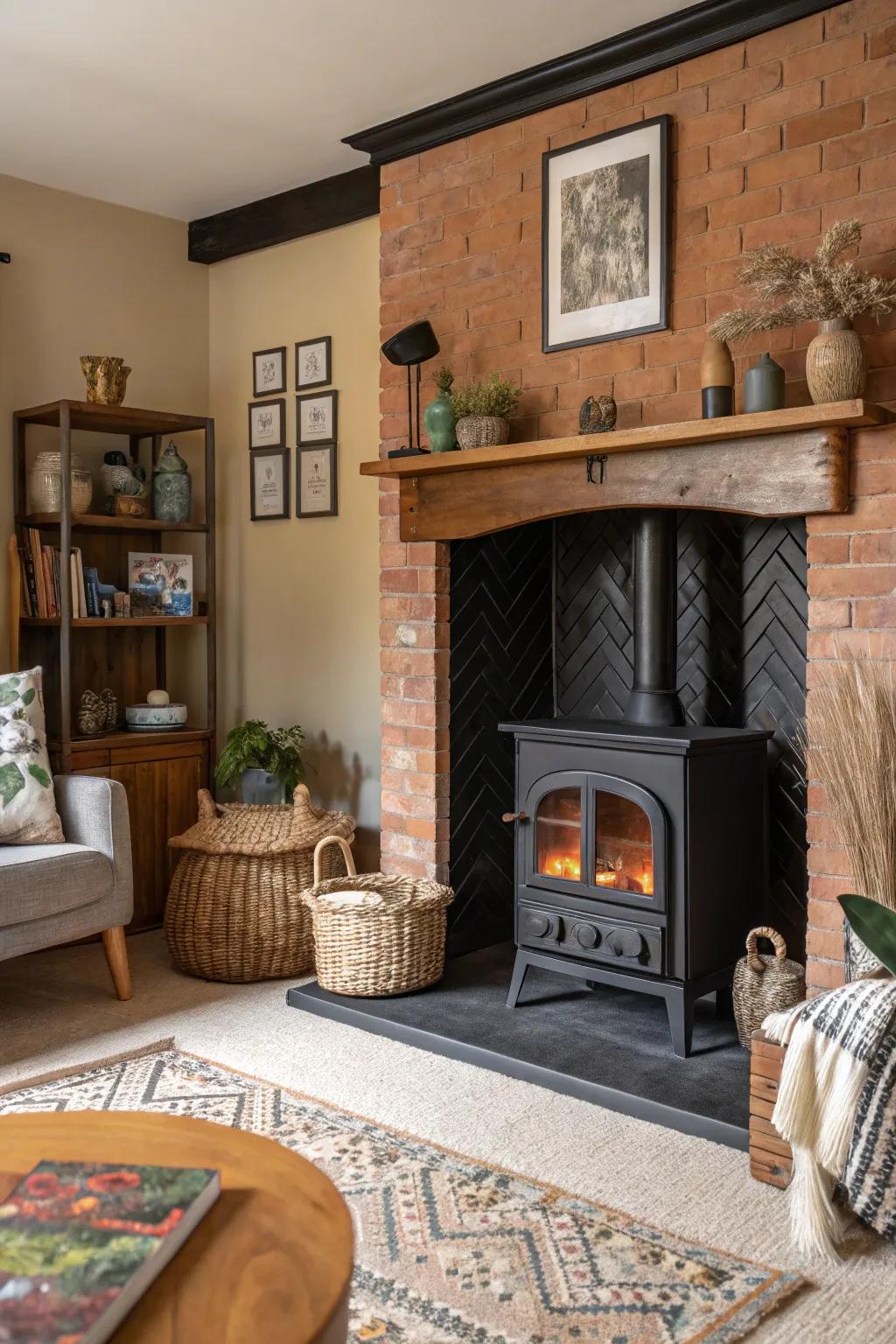 Fashion profundity and interest through a mixed material dark hearth.