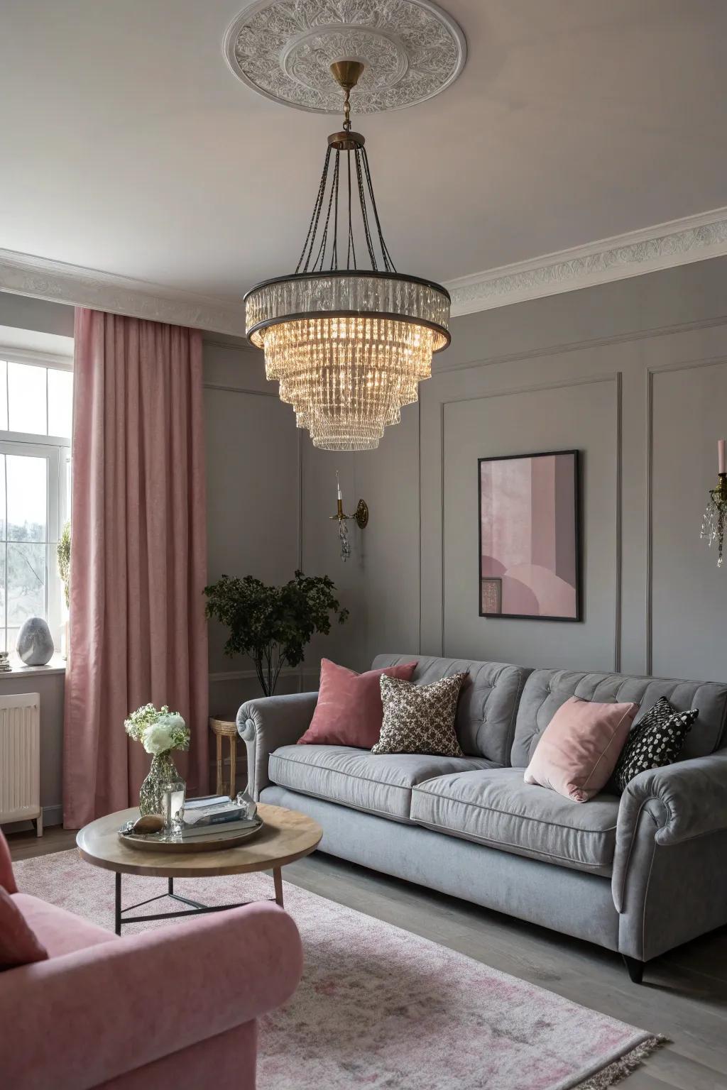 A striking lighting fixture draws the eye and brings the room together.