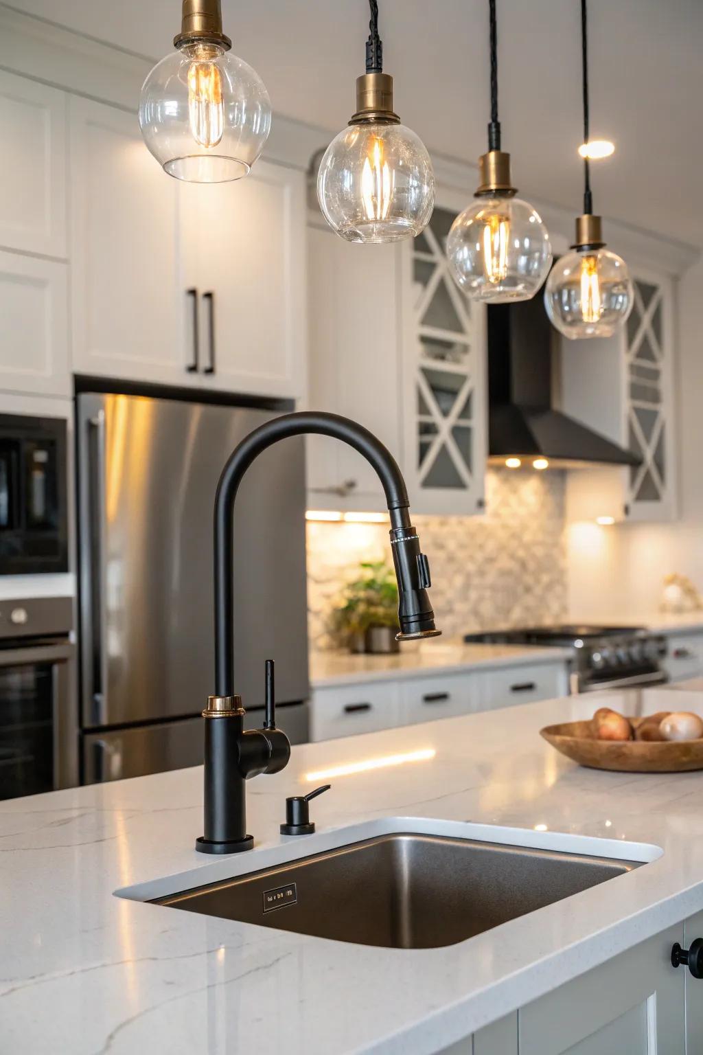 Contemporary opulence is achieved with a black faucet and metallic touches.
