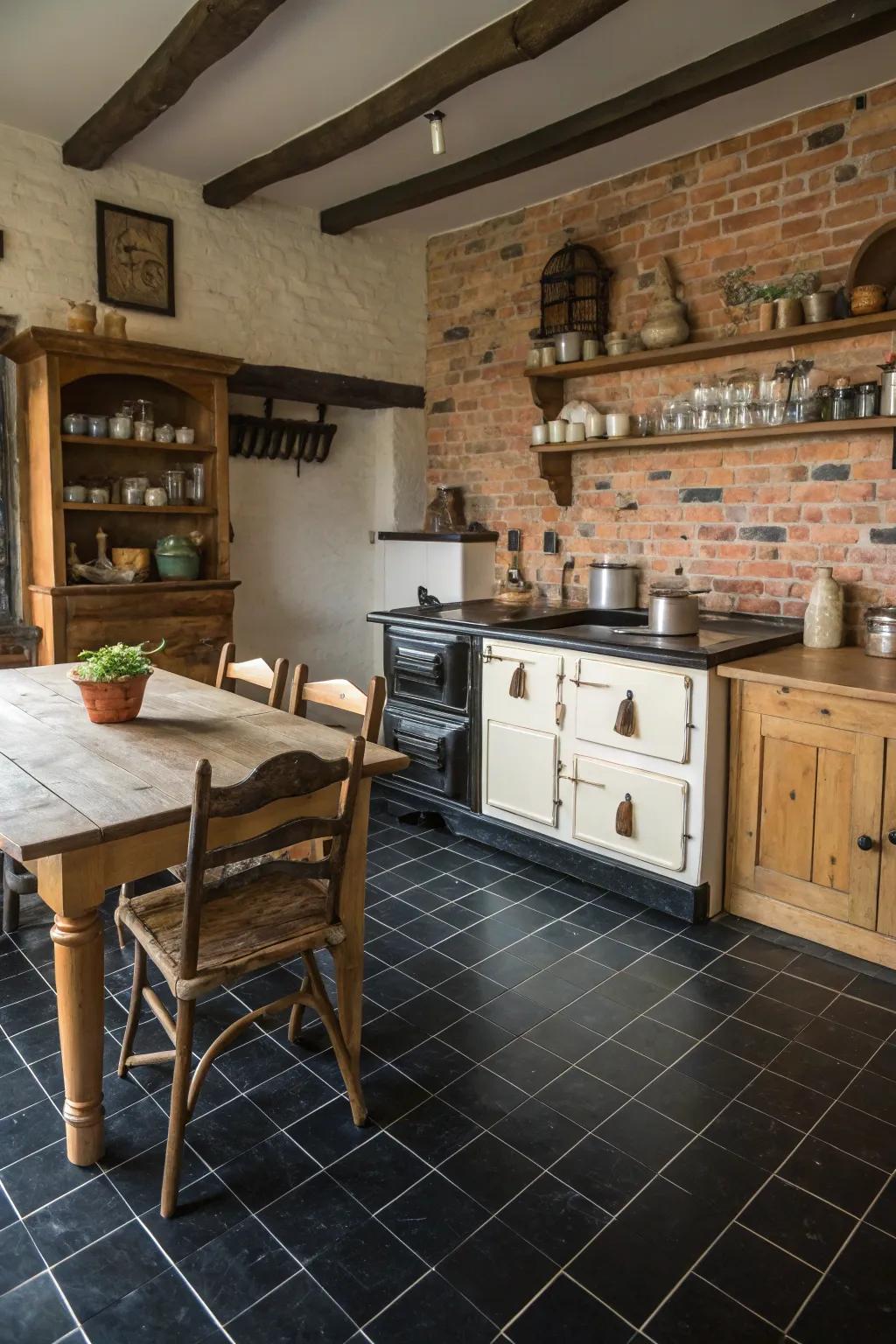 A rustic kitchen where dark floors complement charming elements like brick and wood.